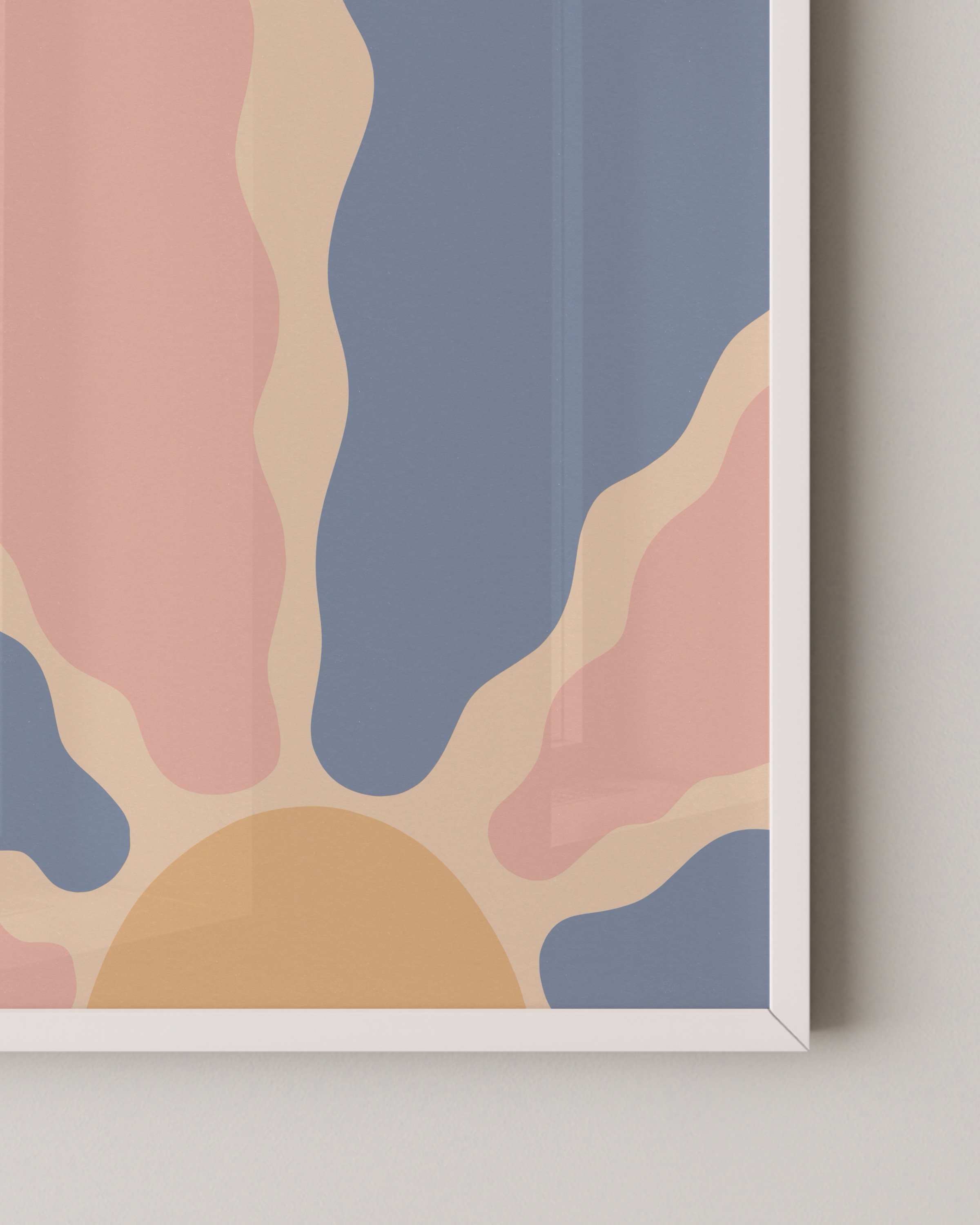 Abstract printable wall art featuring a pastel sunburst design with wavy rays in pink, blue, beige, and yellow.