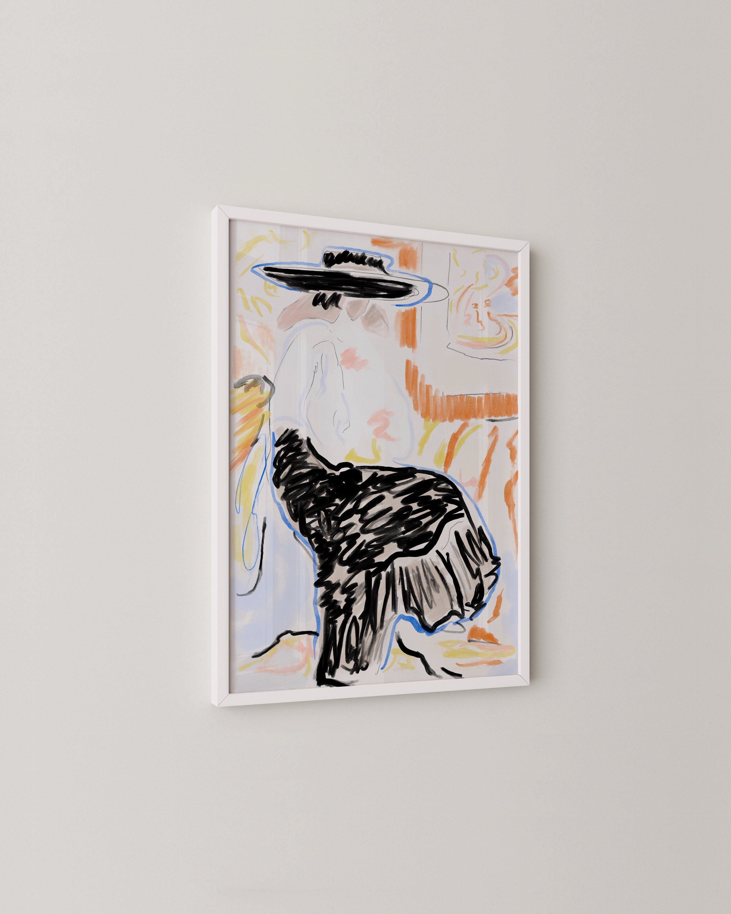 Abstract fashion illustration with bold lines and vibrant colors, depicting a figure in a stylish outfit with a hat, set against a dynamic background.