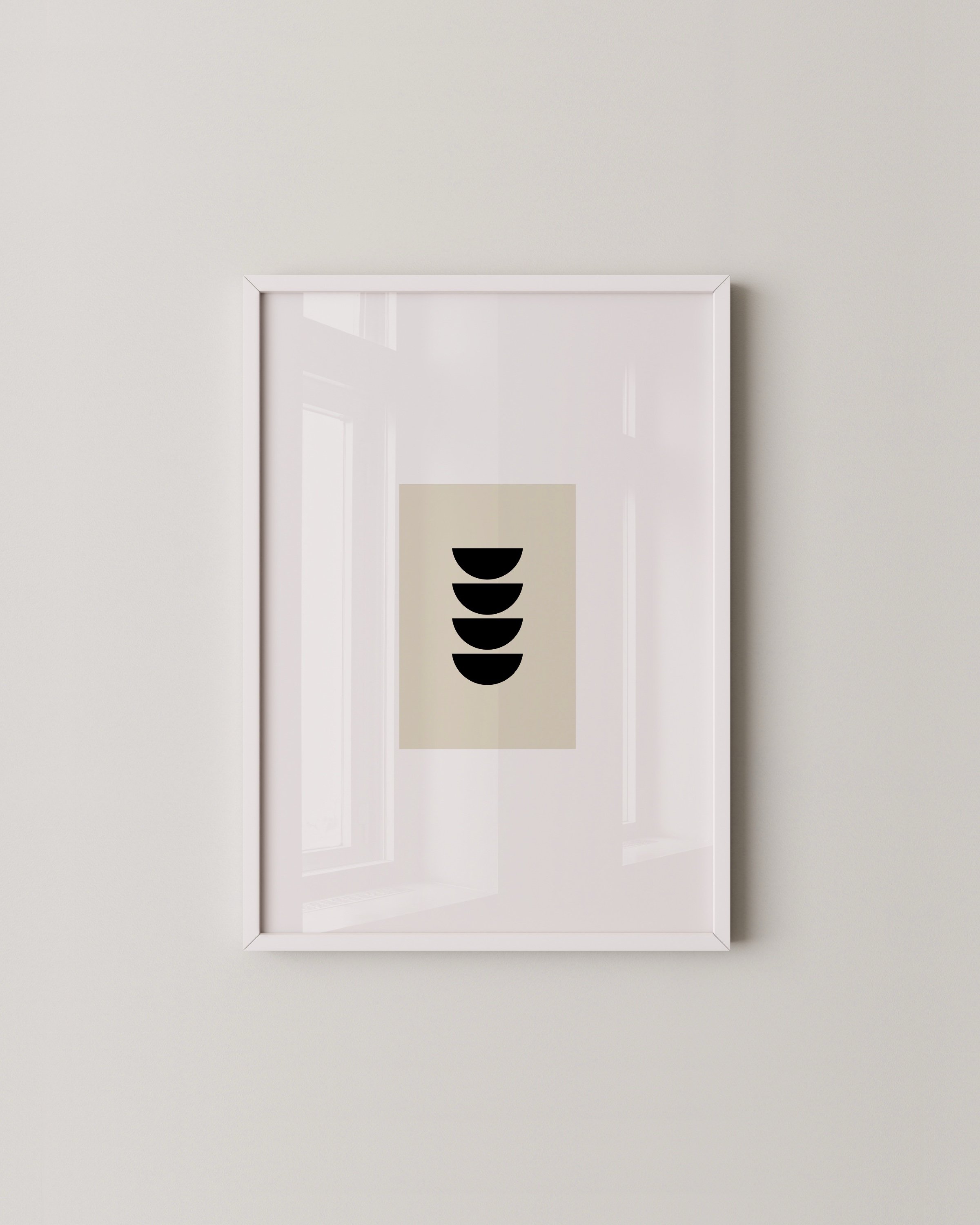 Pair of minimalist geometric prints, left print features a vertical stack of black half circles, right print shows scattered abstract shapes on beige backgrounds.