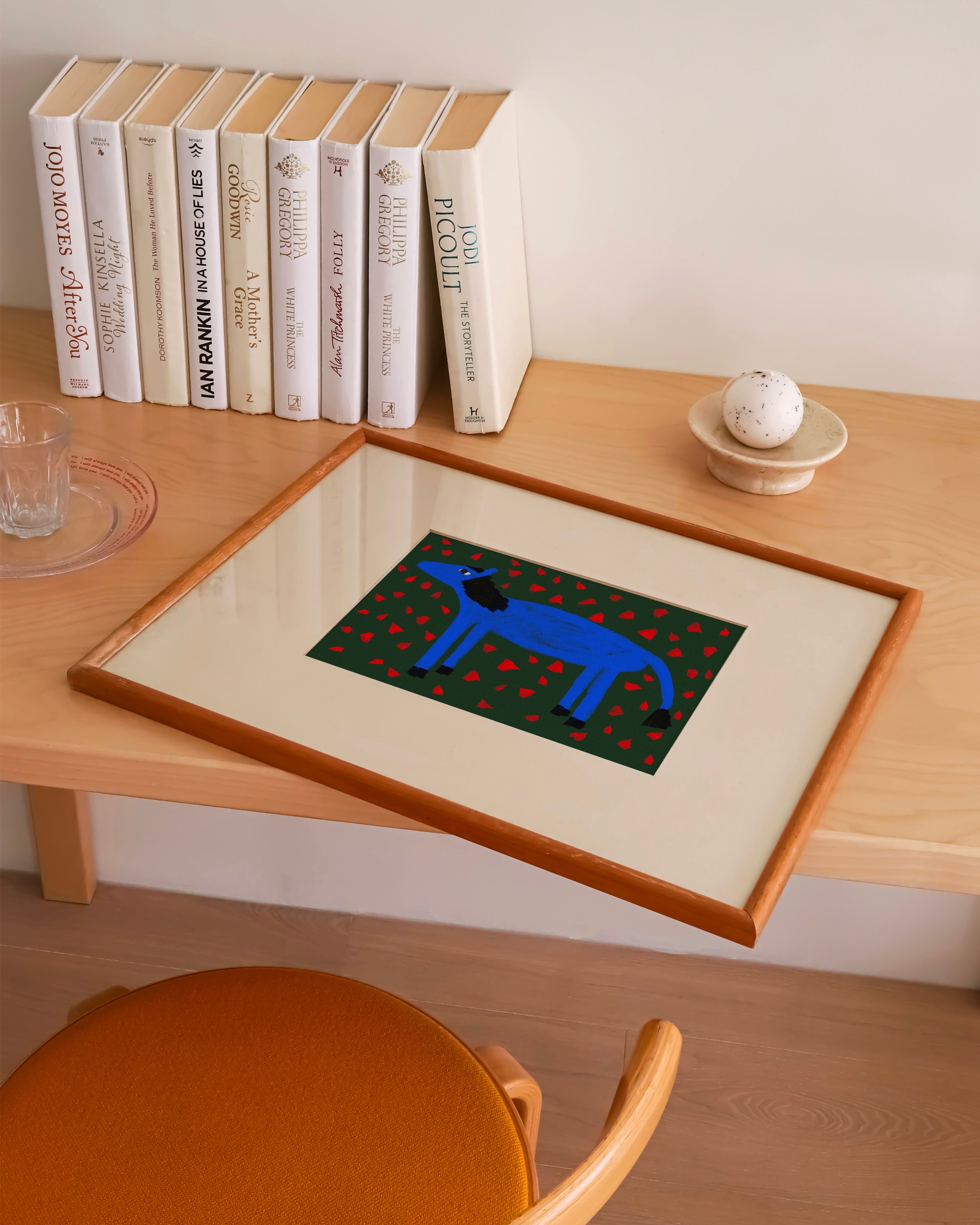 Unique blue animal art print with bold red accents on a deep green background, designed for kids’ room or playroom decor.