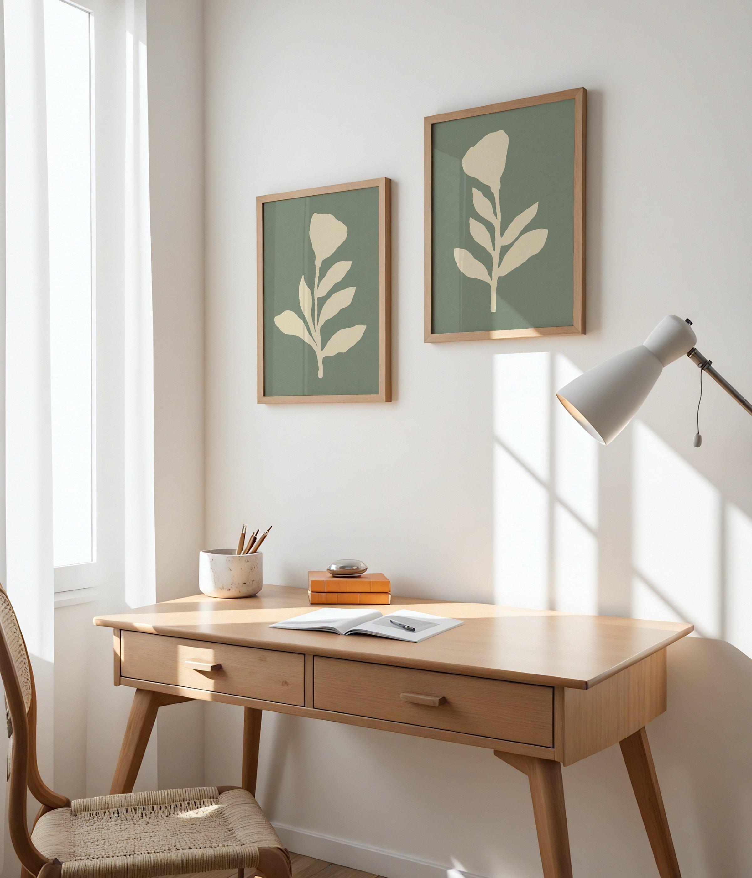 Two prints featuring beige flower silhouettes with leafy stems on muted sage green backgrounds.