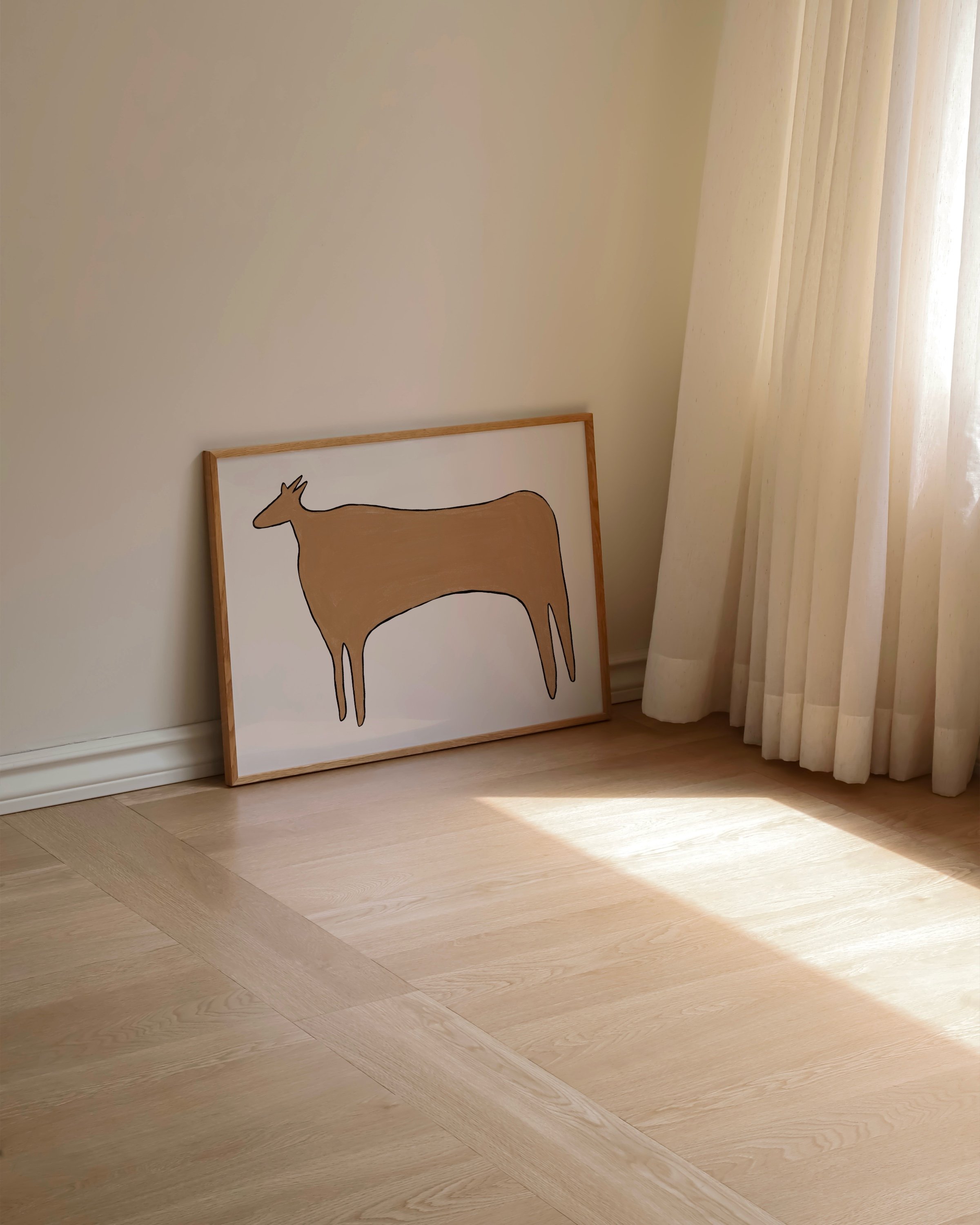 Minimalist illustration of a cow in warm, earthy tones, perfect for decorating a kids’ room or nursery.