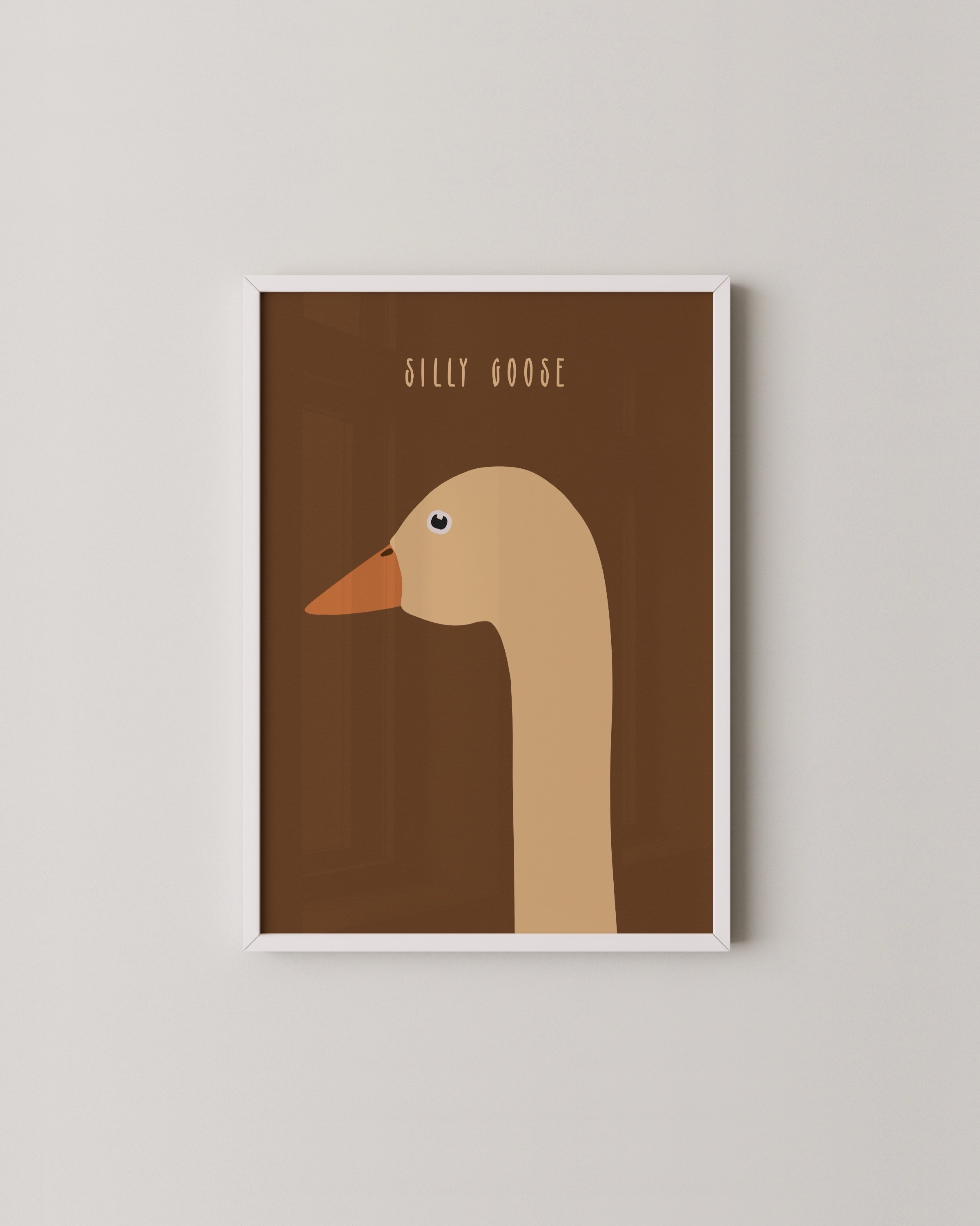 Minimalist art print of a goose with an orange beak and the text “Silly Goose” in a warm brown background, designed for kids’ rooms or playful spaces.