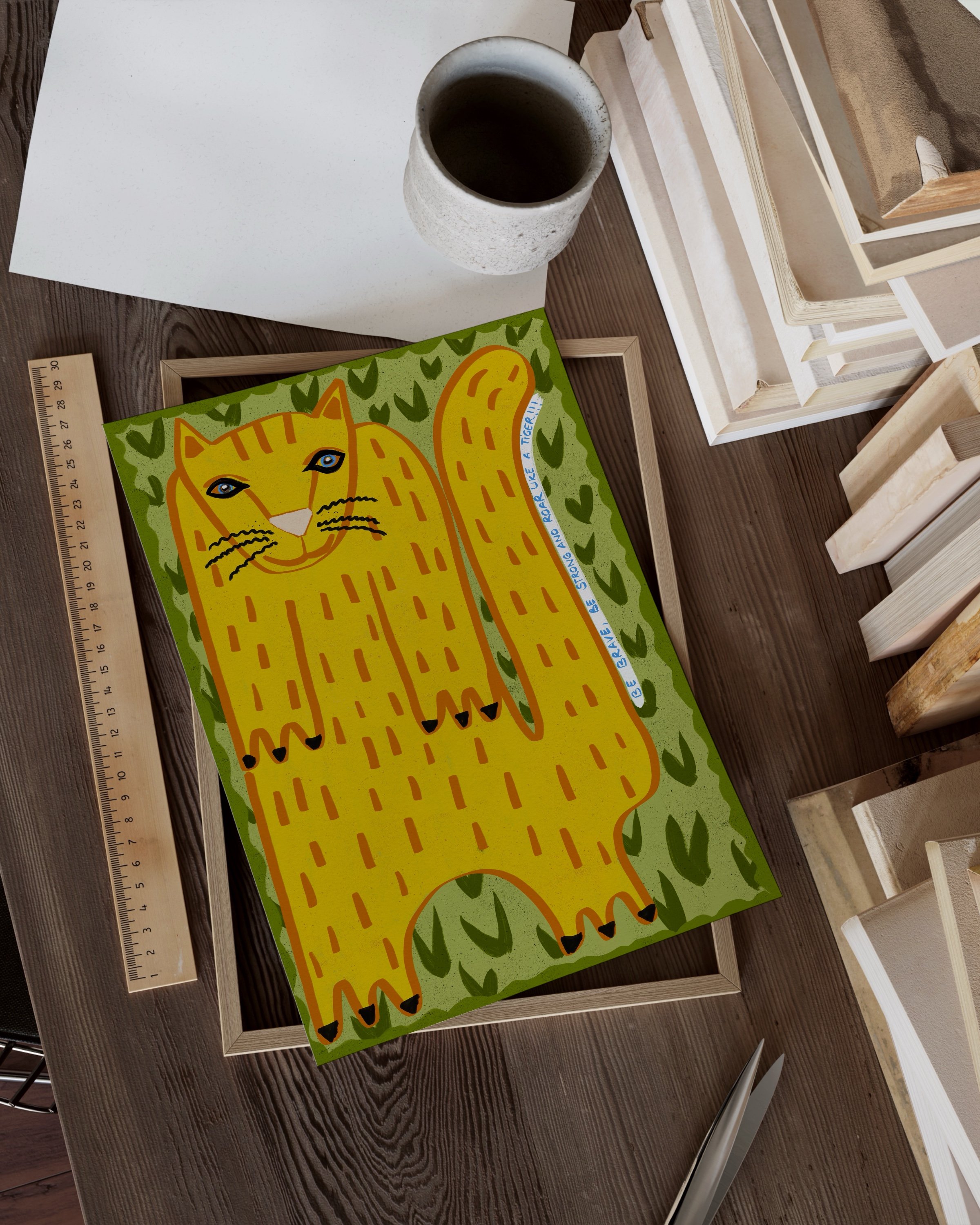 tiger-inspired cat illustration in bold yellow and green tones with whimsical patterns and playful details.