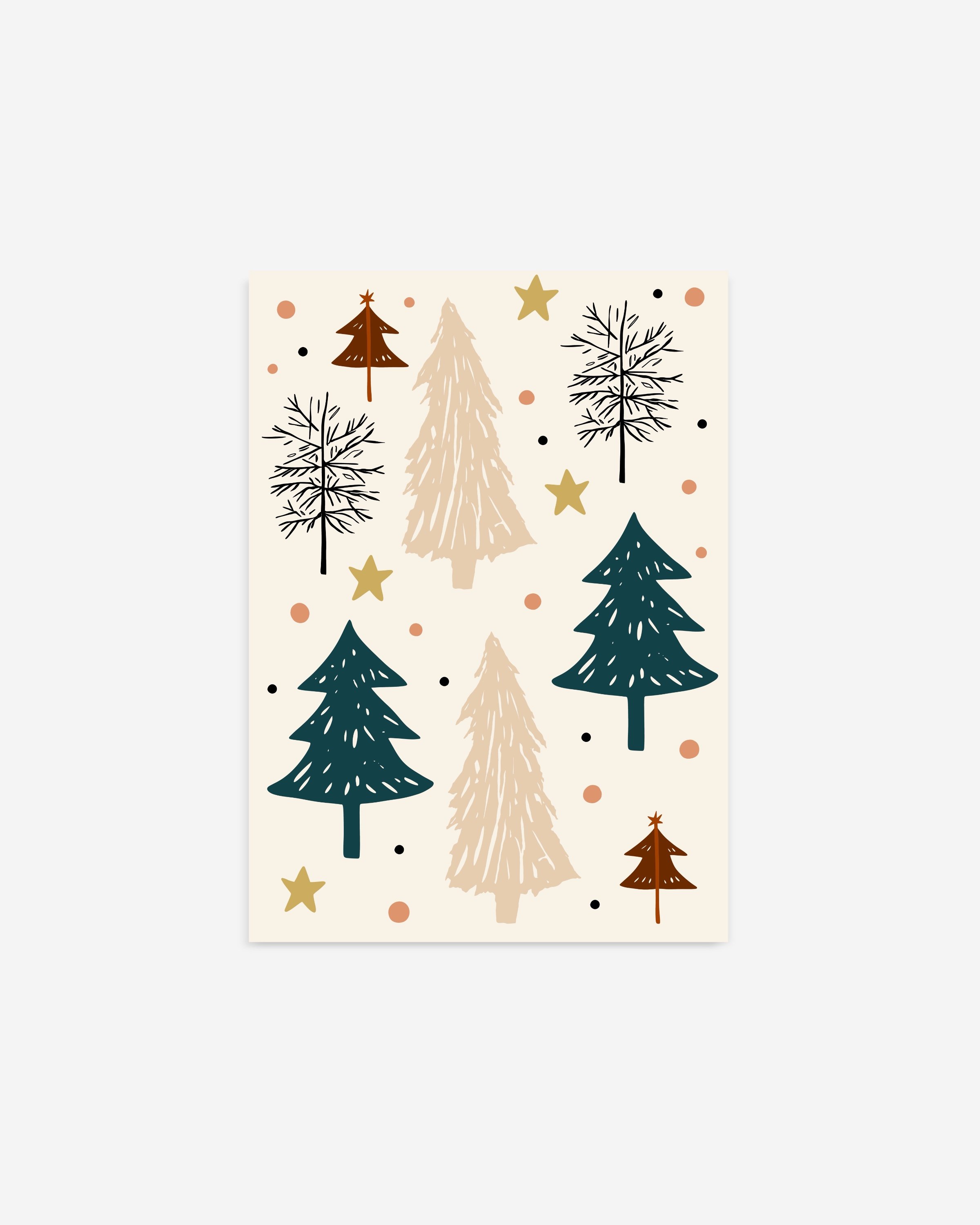 Minimalist Christmas tree printable wall art with festive tree patterns in earthy tones, stars, and decorative details on a light background.