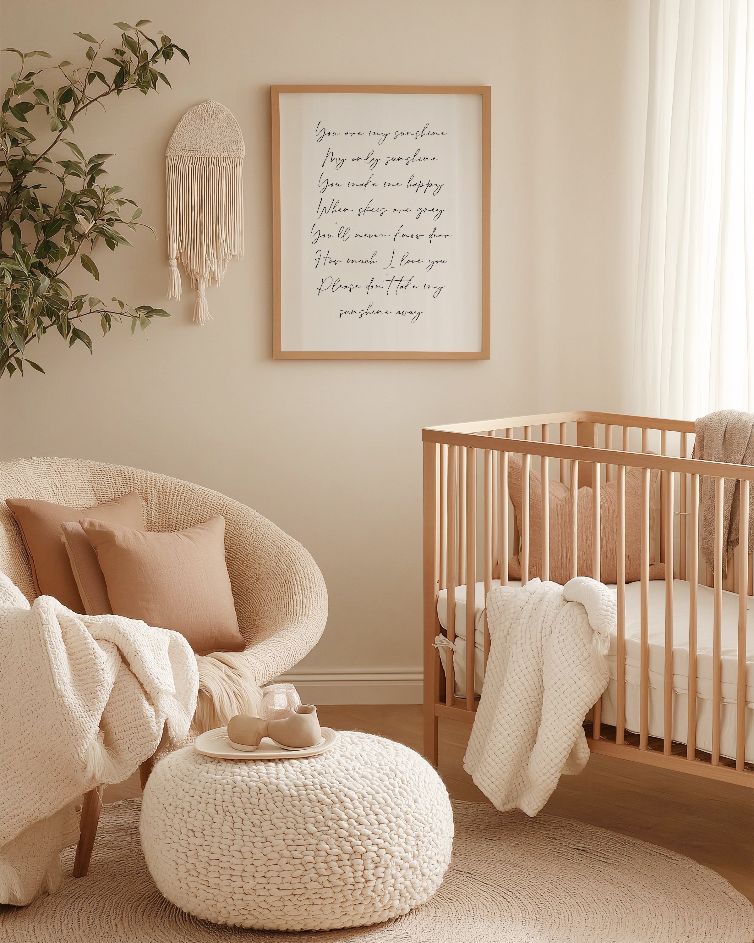 You Are My Sunshine” quote in elegant handwritten script, minimalist design, perfect for kids’ room or nursery decor.