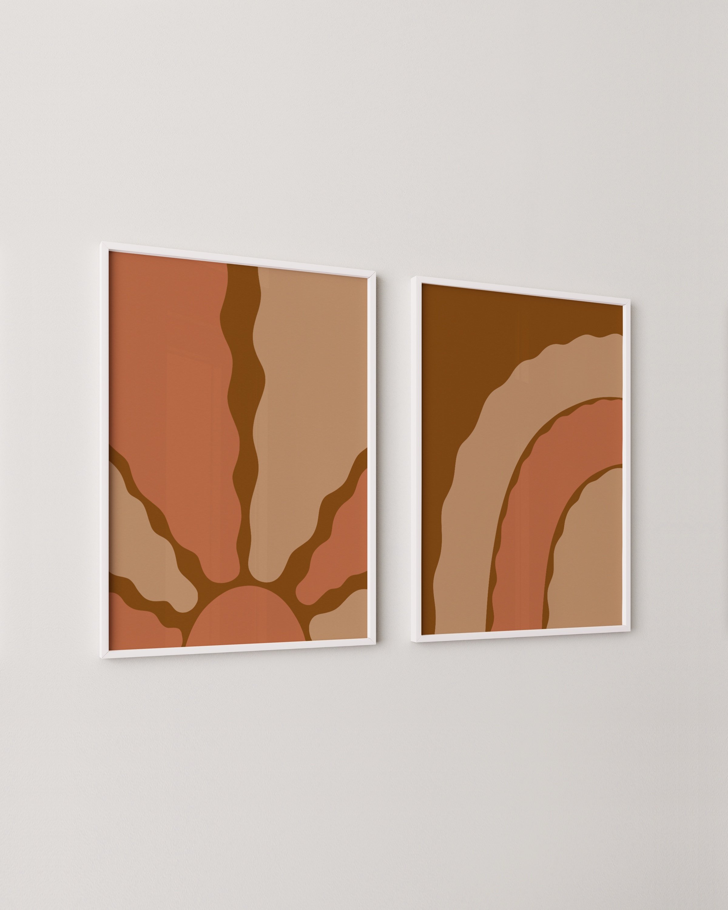 Earthy wall art set with abstract sun and rainbow in warm, neutral tones, creating a cozy boho decor style.