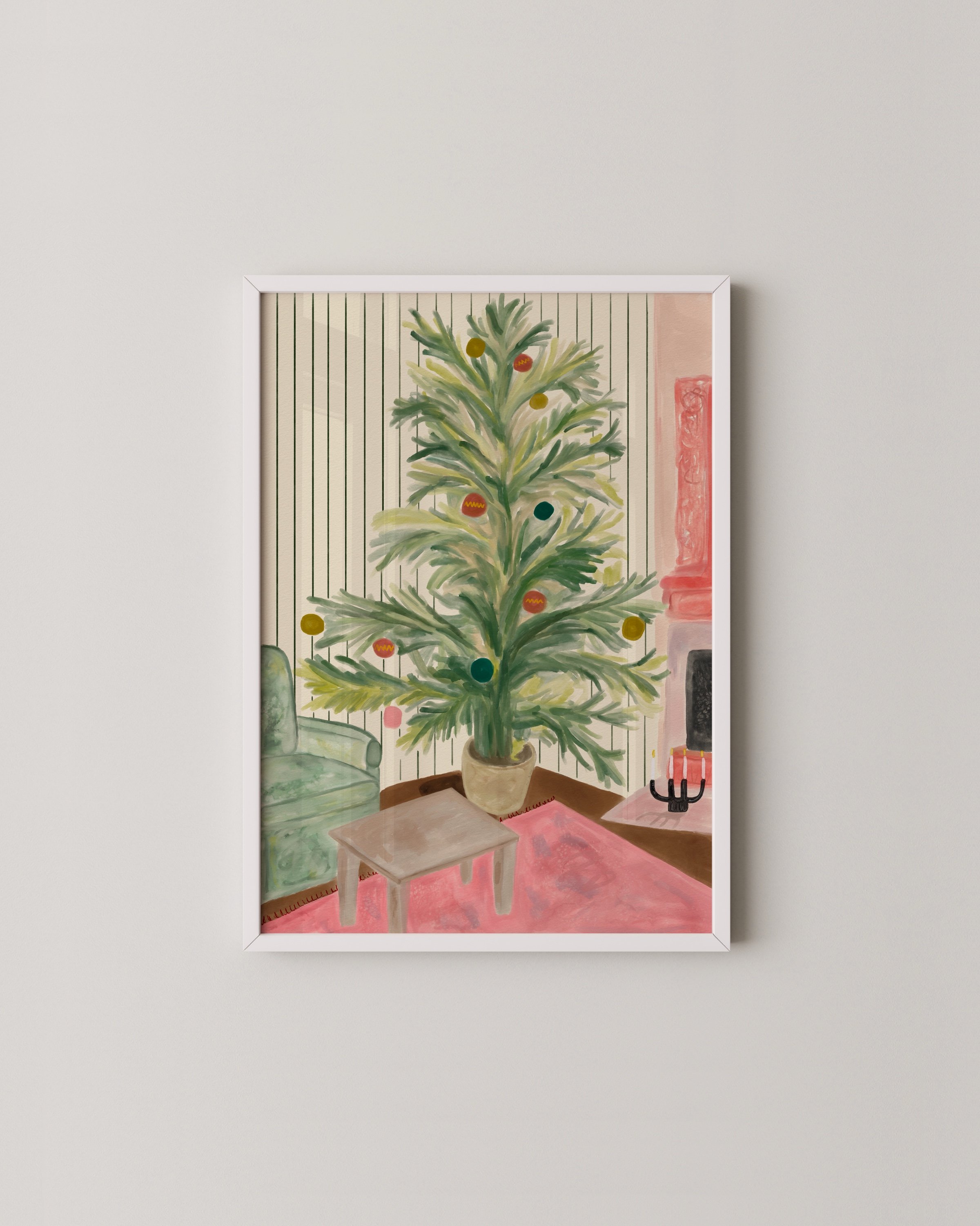 Retro-inspired Christmas tree illustration in a cozy living room setting with colorful ornaments and mid-century design elements.