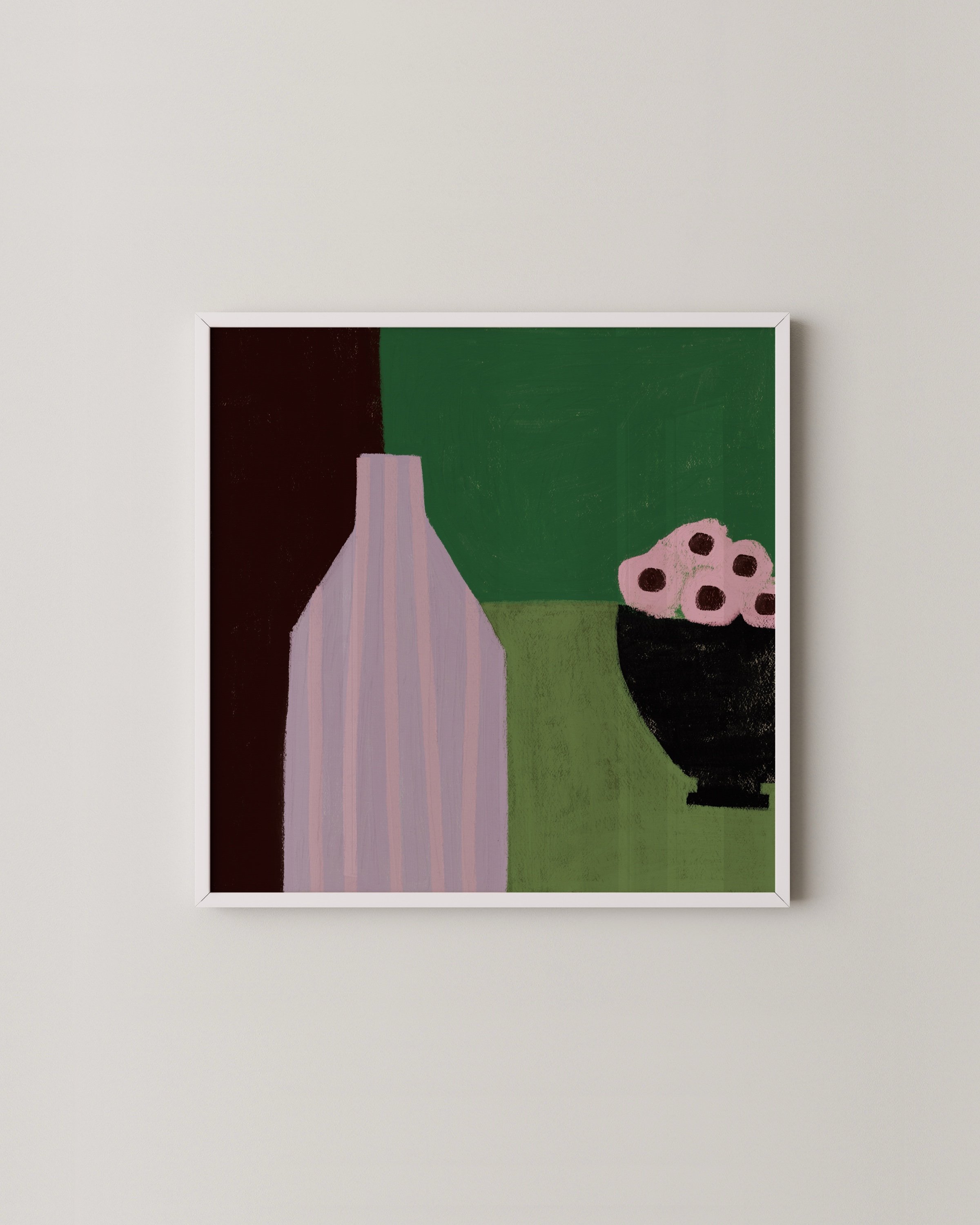 Print of a stylized still life featuring a pink-striped bottle and black bowl with pink flowers on a green and burgundy background.
