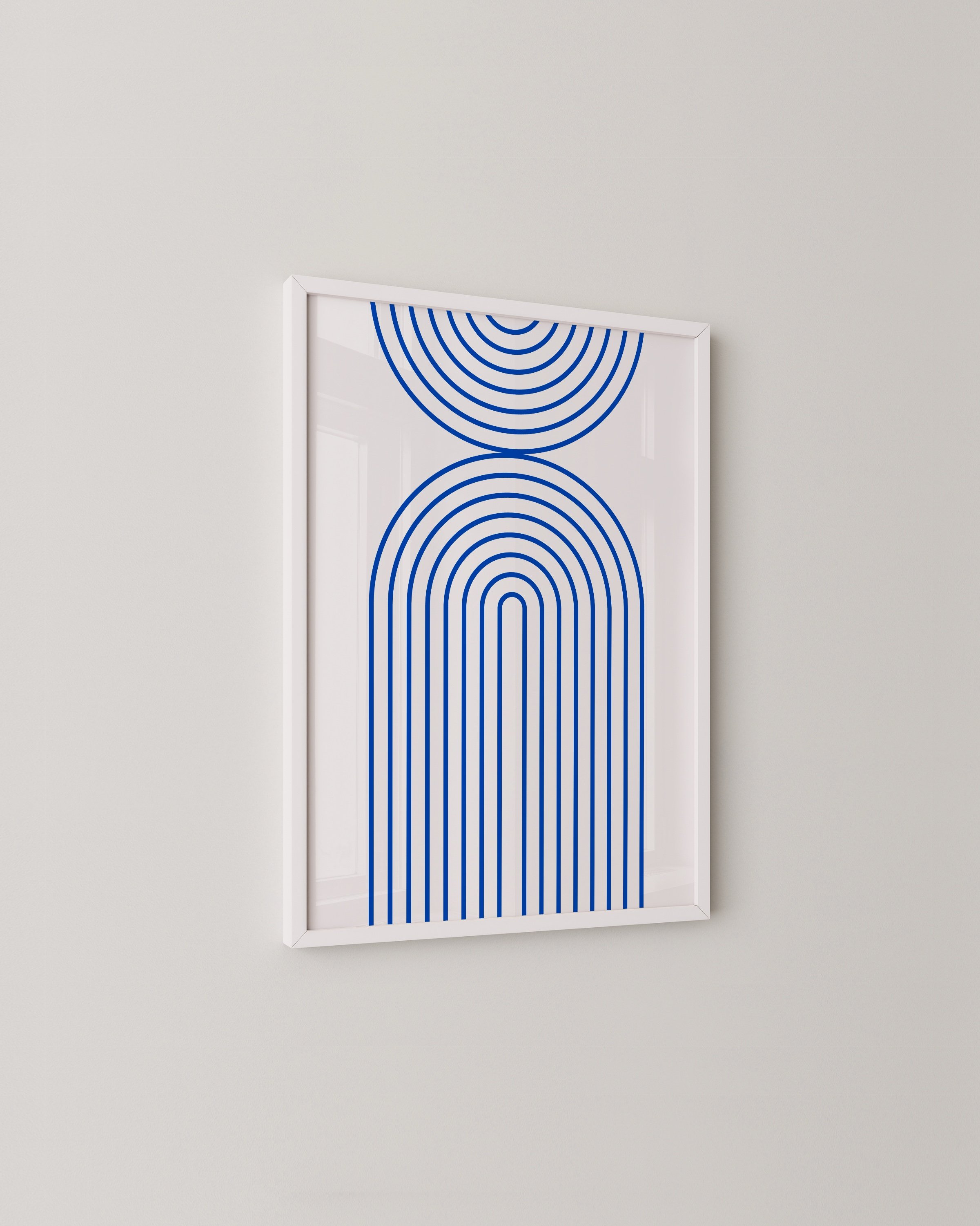 Geometric rainbow art print featuring bold blue lines in a minimalist design, ideal for modern home decor.