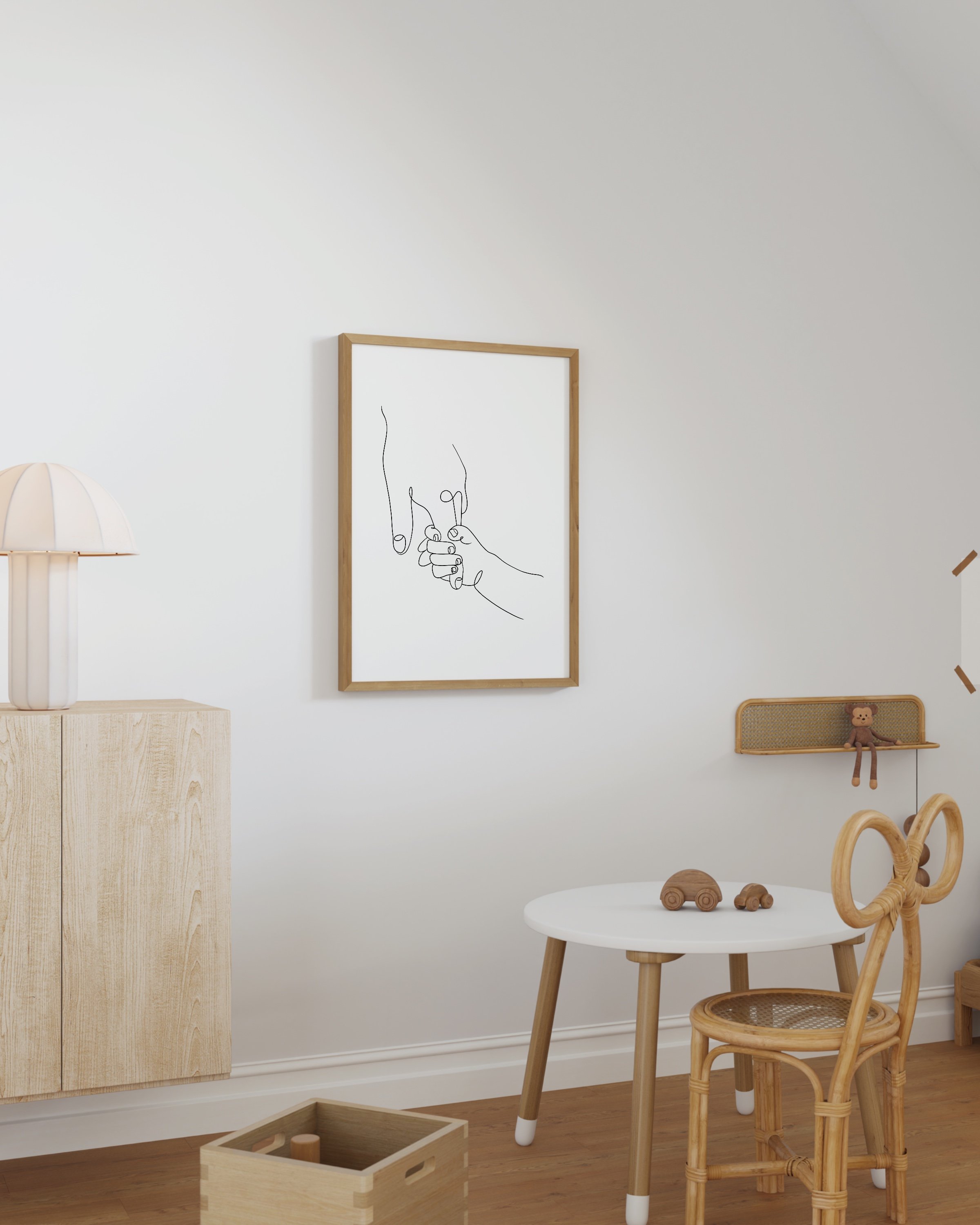 Minimalist line art of a child holding an adult’s finger, symbolizing family connection and love.