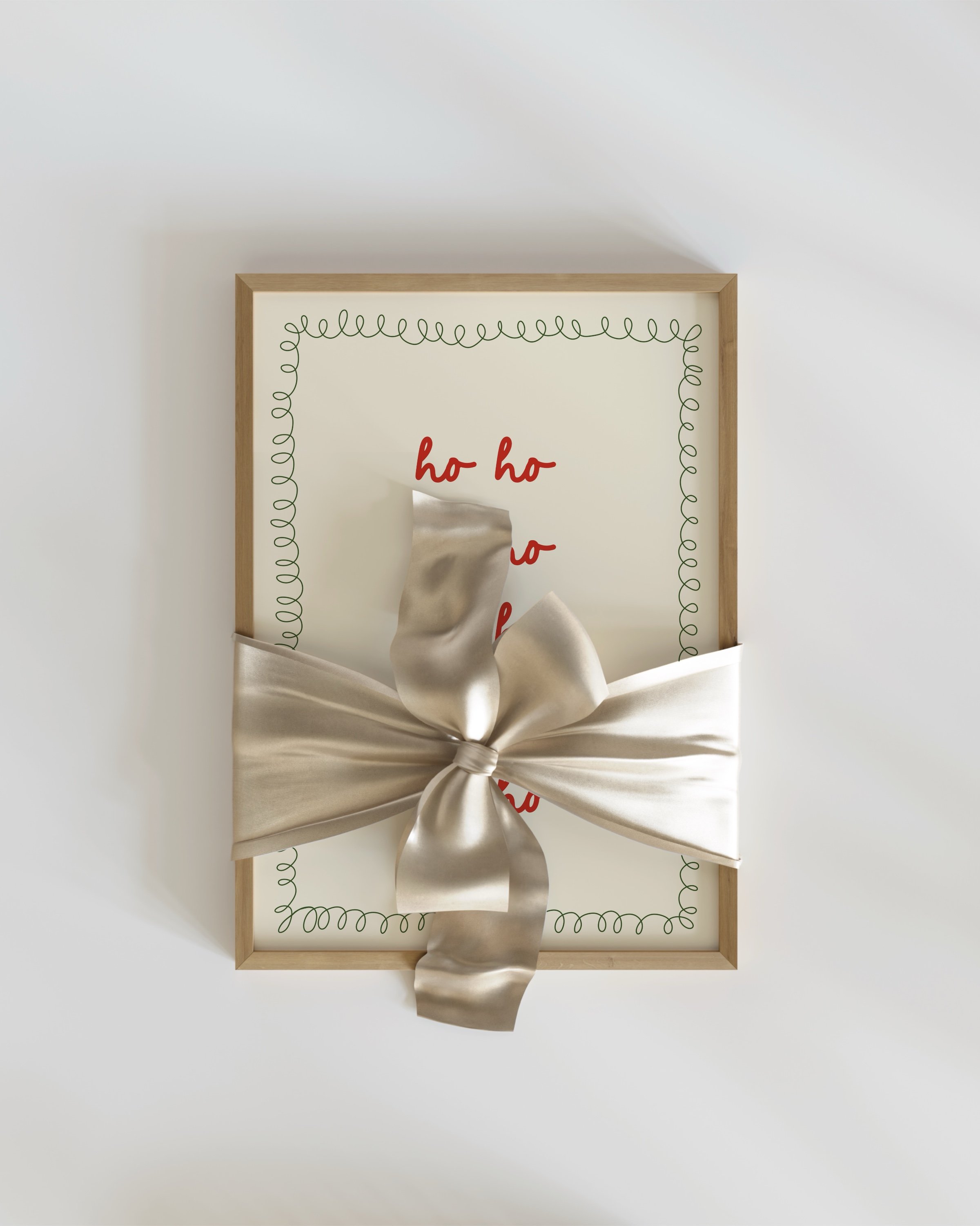 Christmas printable art with repeated red ‘Ho Ho Ho’ text in a handwritten style, framed by a green squiggle border on a beige background.
