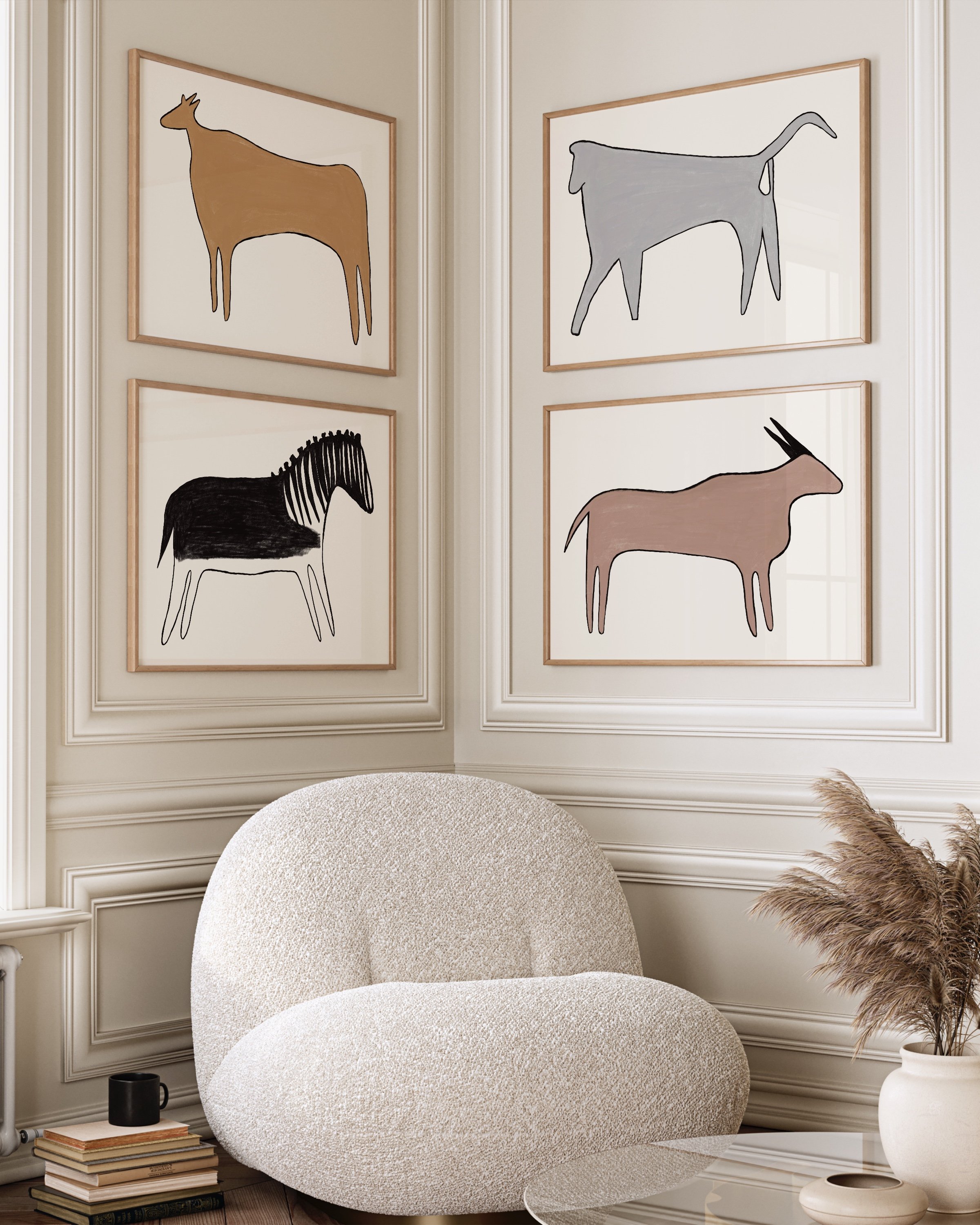 Set of four abstract animal illustrations featuring minimalist designs of a zebra, deer, antelope, and cow, each with a unique and modern artistic style.