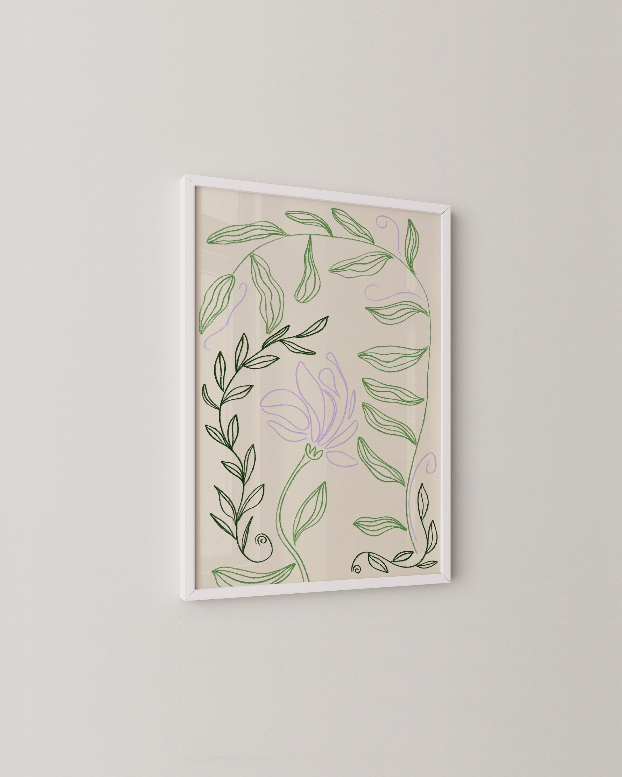 Minimalist botanical line drawing with green leafy vines and a delicate lilac flower on a beige background in a white frame.