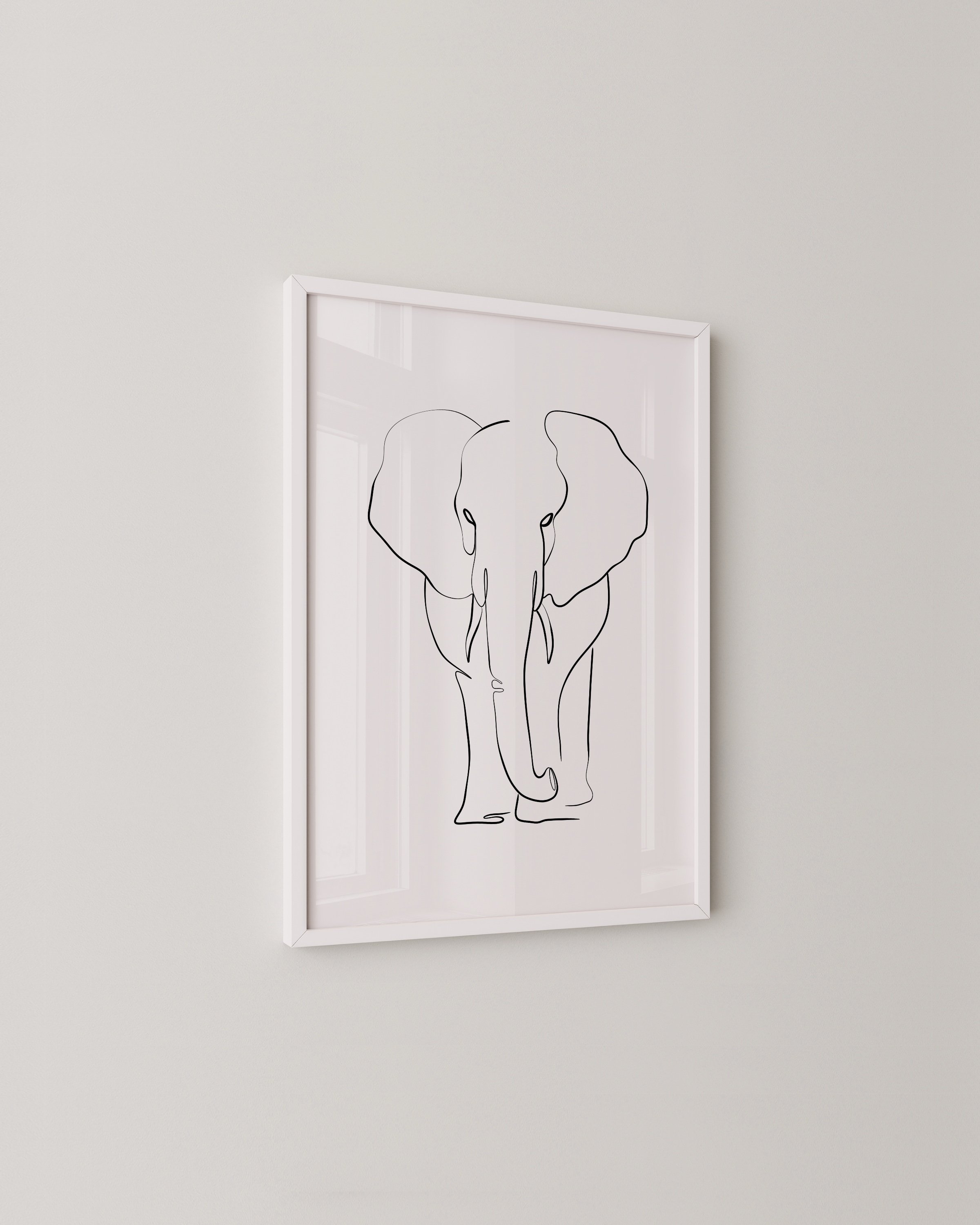 Minimalist line art drawing of an elephant, designed for children’s rooms or nurseries, on a clean white background.