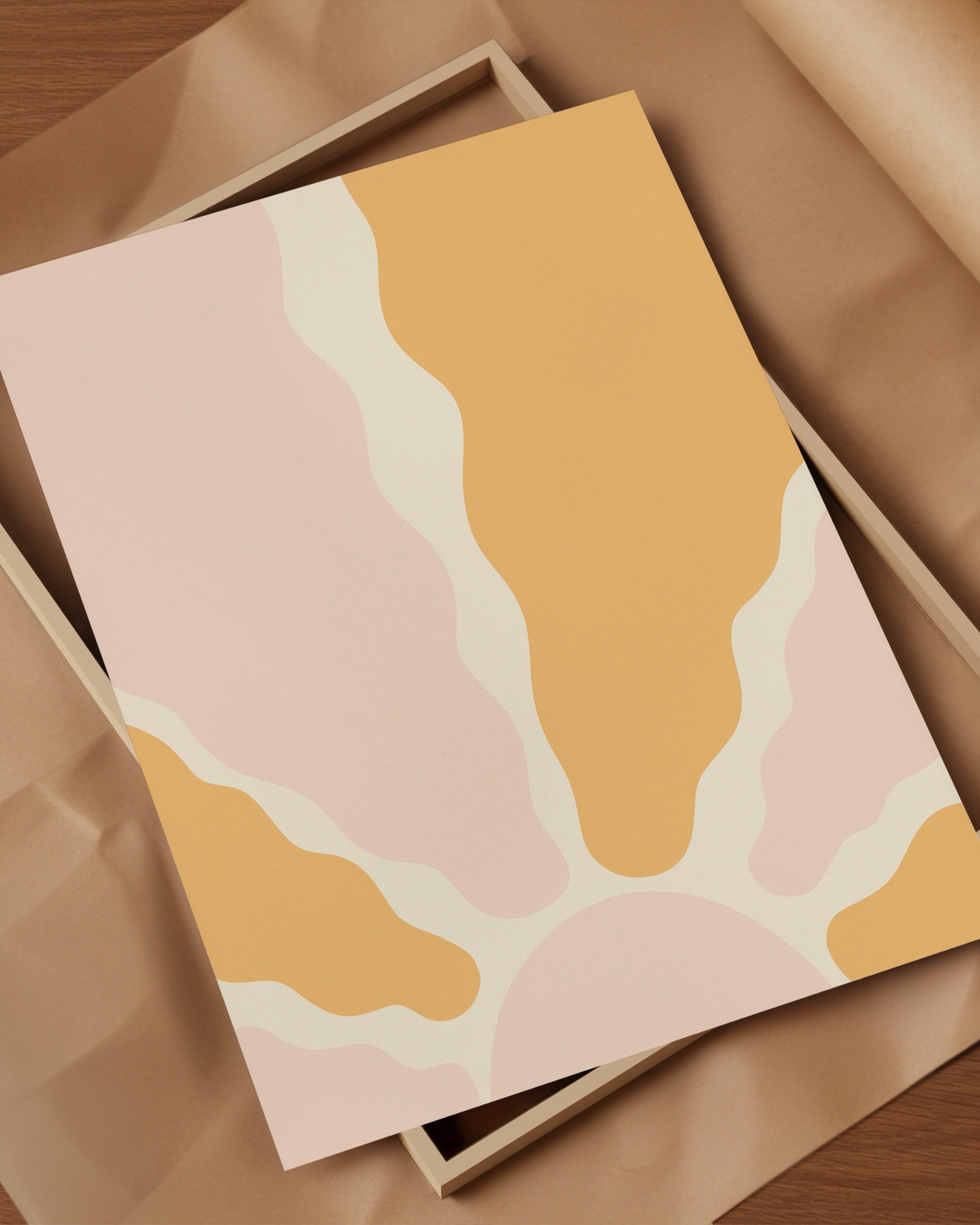 Abstract sun art print with warm tones in yellow and pink, perfect for boho and minimalist decor.