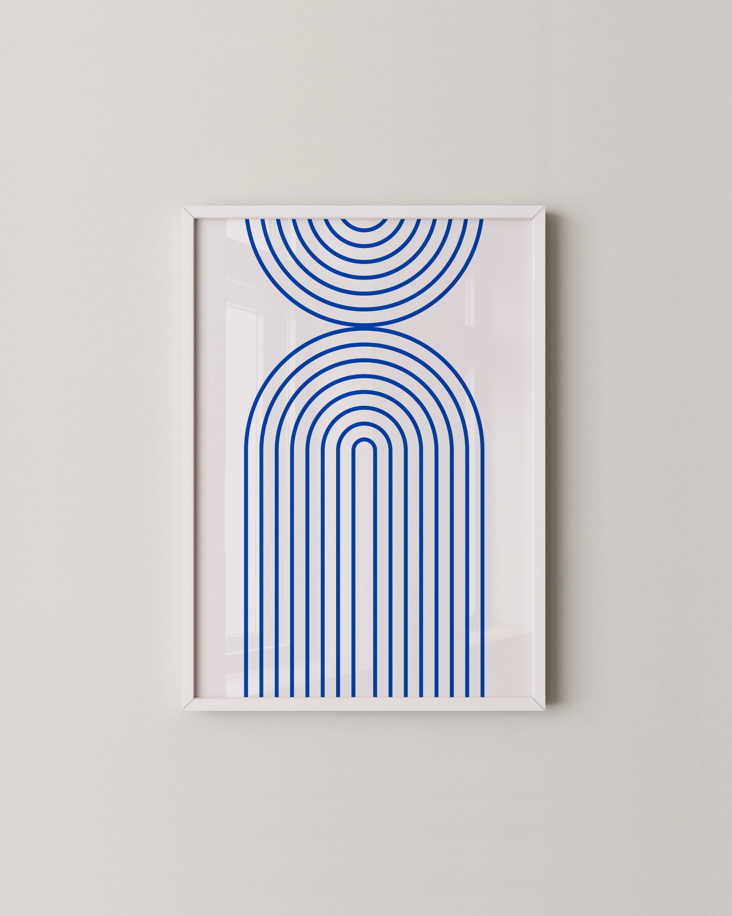 Geometric rainbow art print featuring bold blue lines in a minimalist design, ideal for modern home decor.