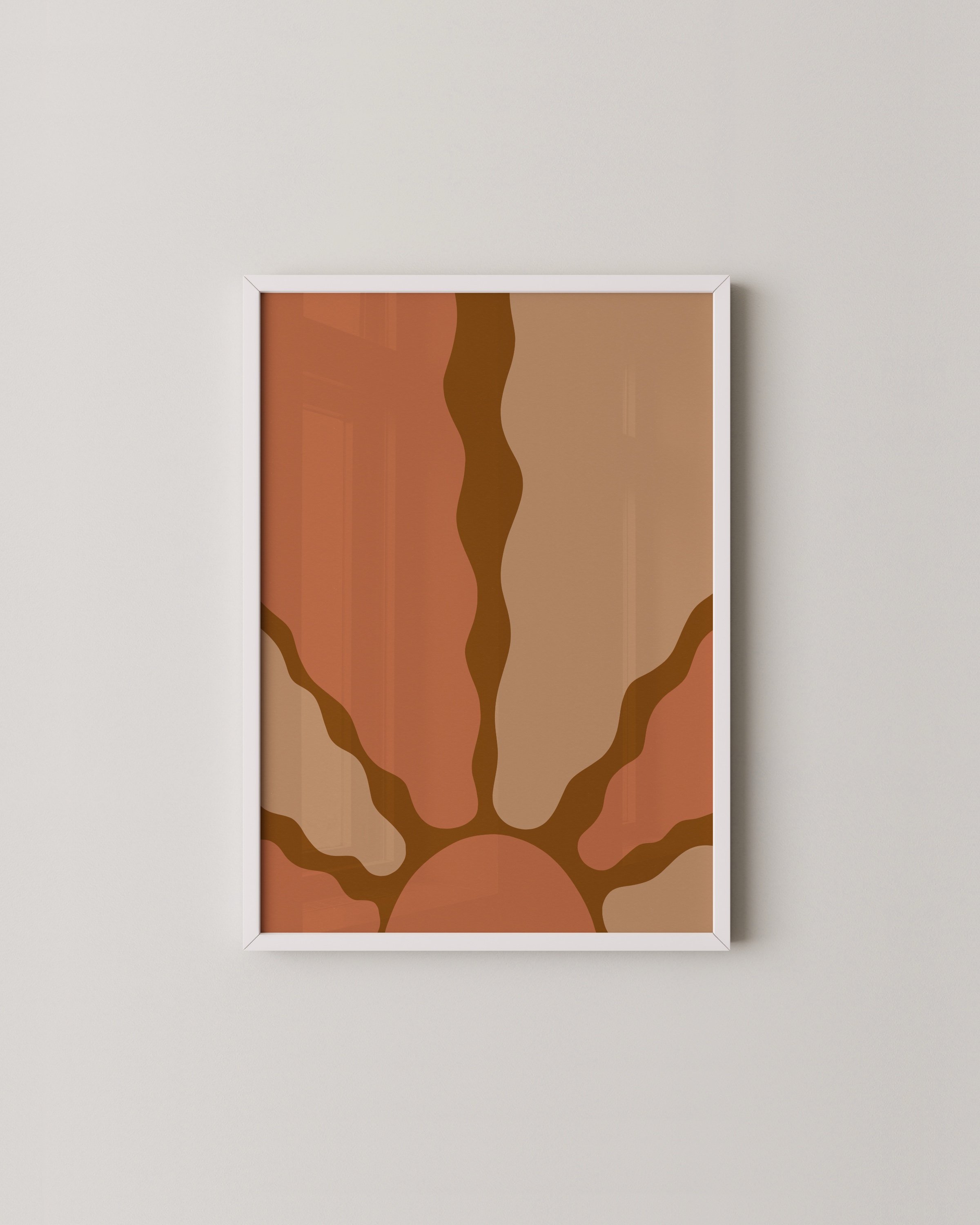 Earthy wall art set with abstract sun and rainbow in warm, neutral tones, creating a cozy boho decor style.