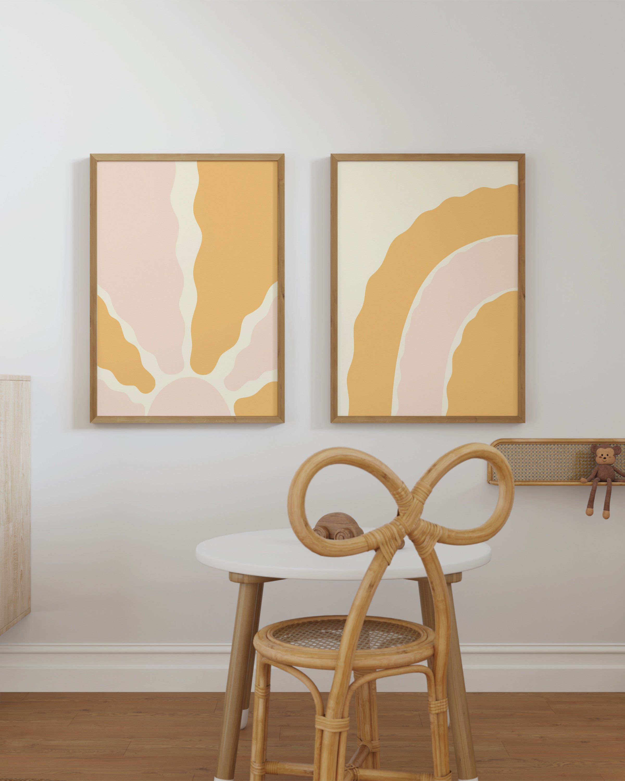 Two-piece art set featuring abstract sunshine and rainbow designs in warm yellow and blush tones, perfect for boho and minimalist decor.