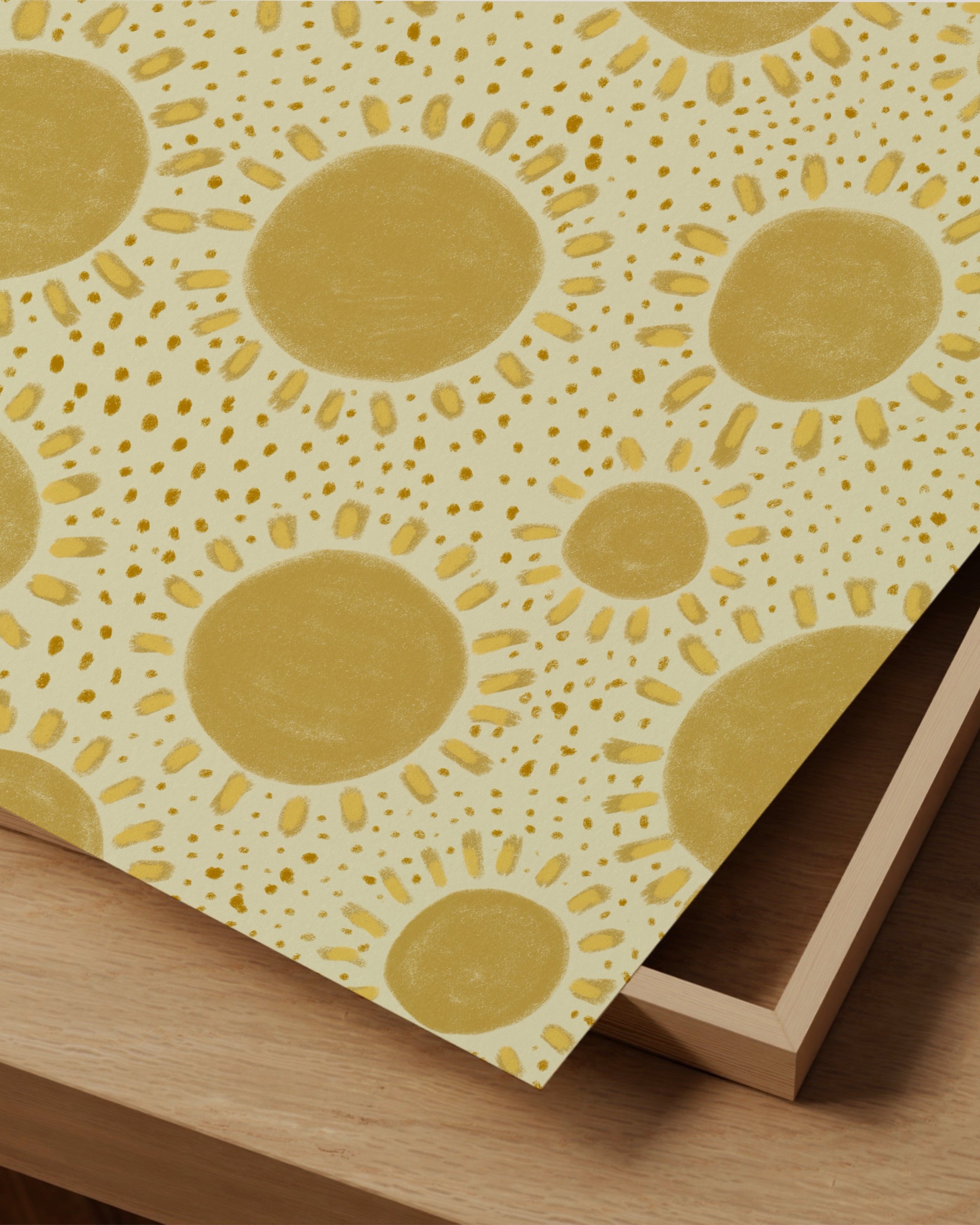 Yellow sunshine pattern print with repeating sunburst design, ideal for kids’ room decor.