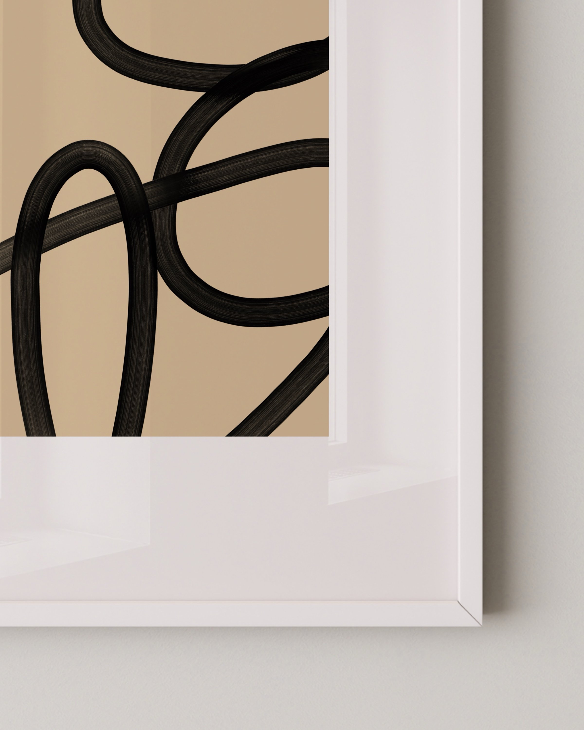 Modern dining room featuring framed abstract art prints in black and beige, enhancing the minimalist decor with contemporary wall art.