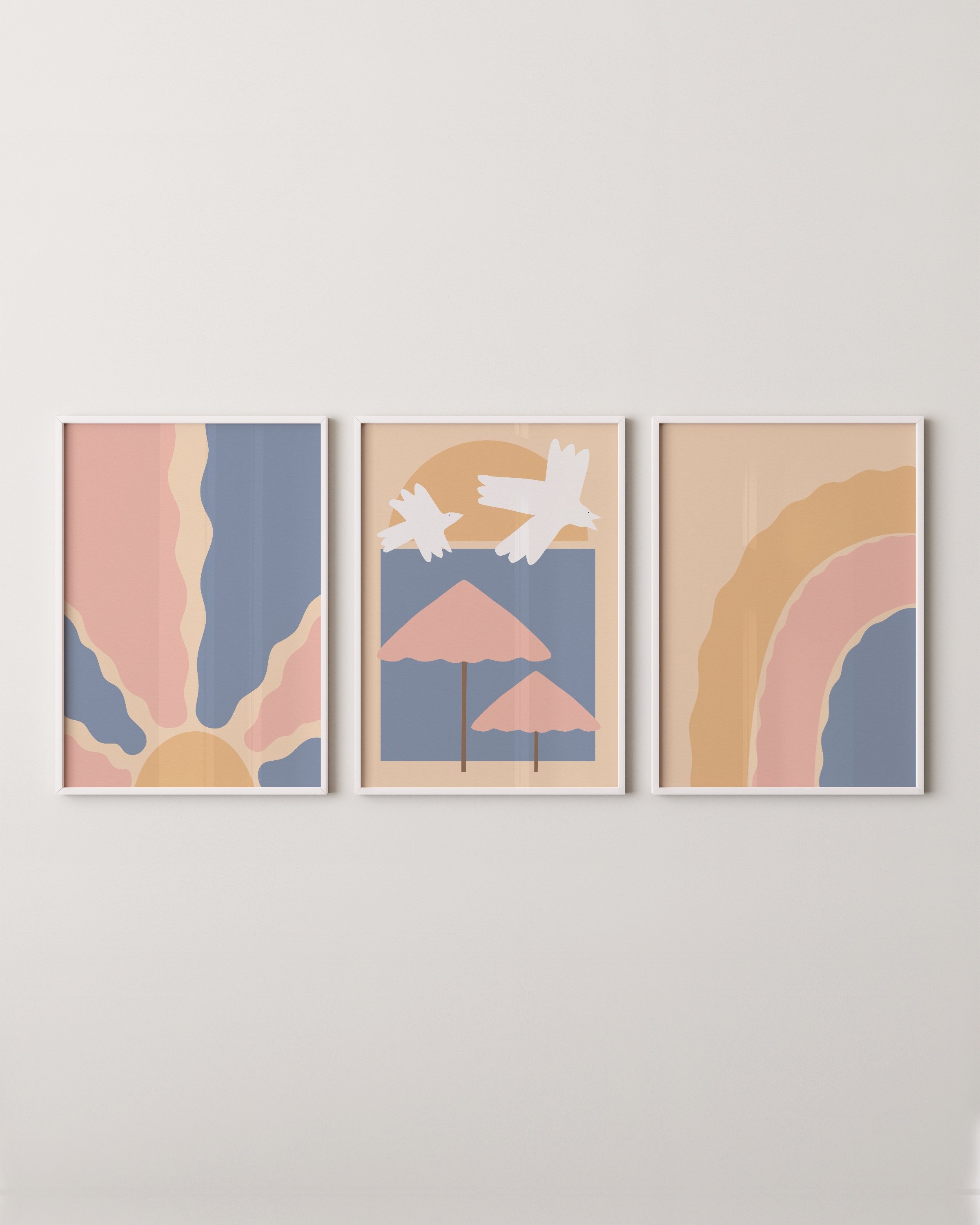 Three boho pastel printable art pieces: a wavy rainbow, a sunburst with soft rays, and birds flying over umbrellas in pink, beige, and blue tones.