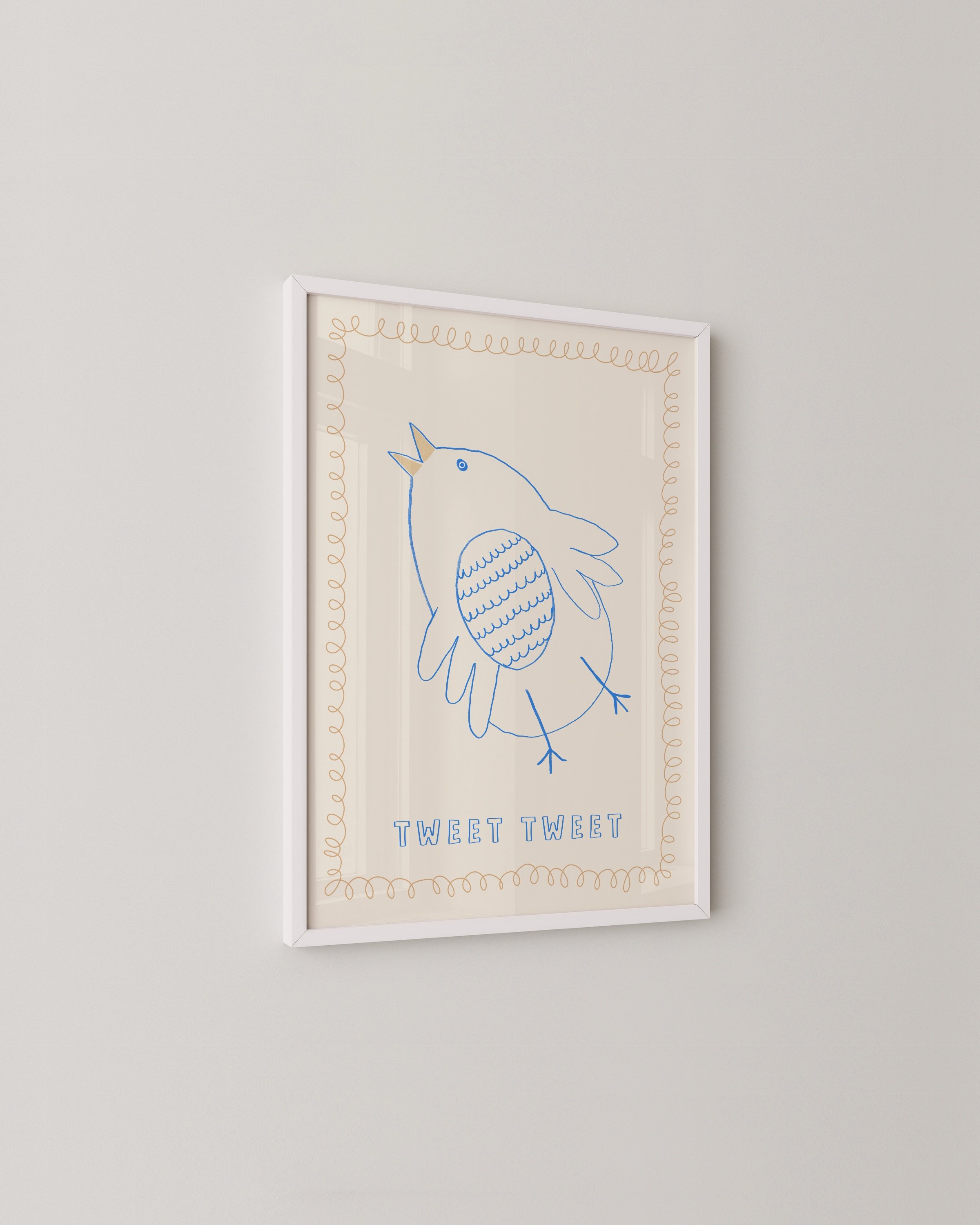 whimsical blue bird with a playful squiggly border, featuring the text ‘Tweet Tweet’ on a neutral background.