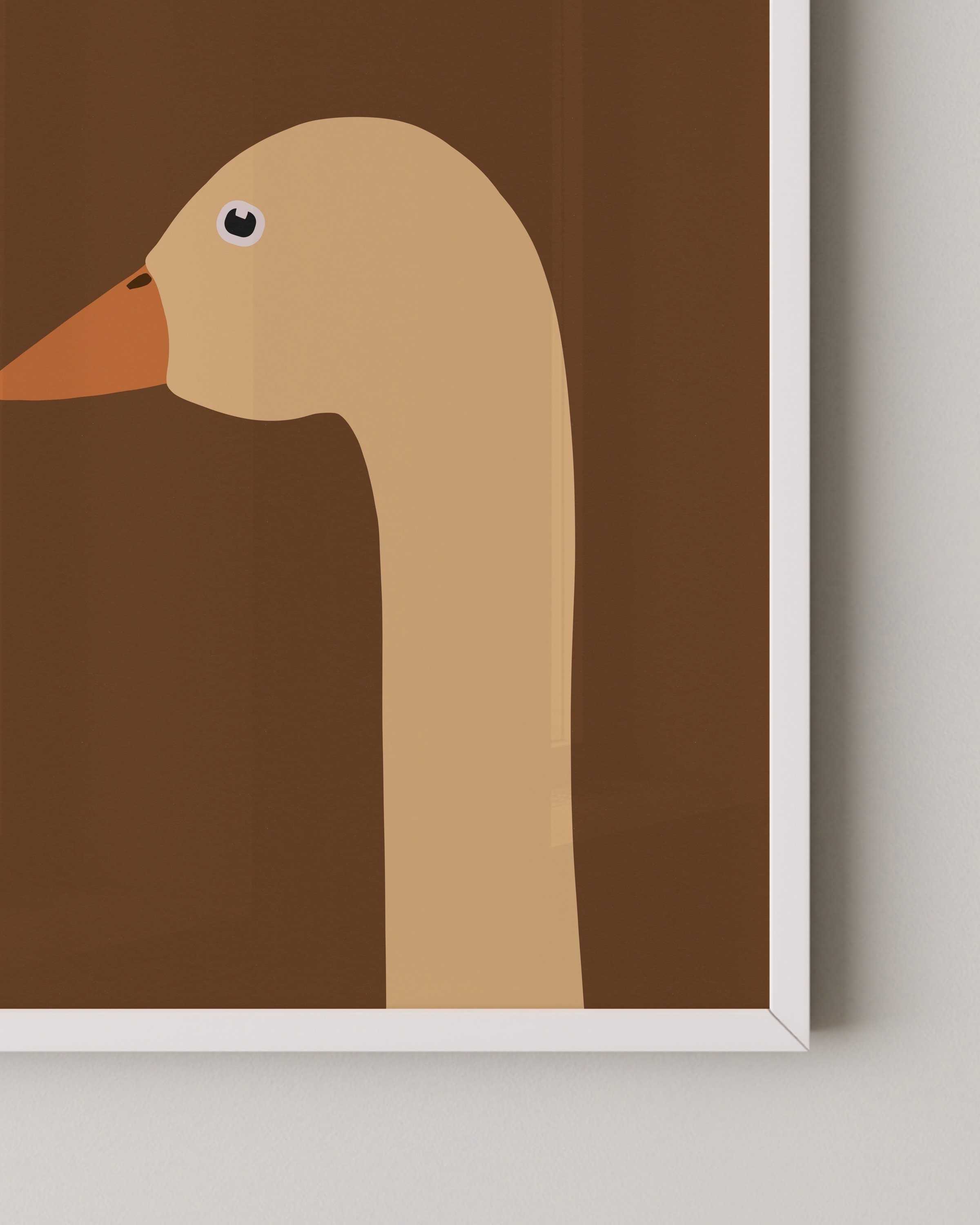 Minimalist art print of a goose with an orange beak and the text “Silly Goose” in a warm brown background, designed for kids’ rooms or playful spaces.