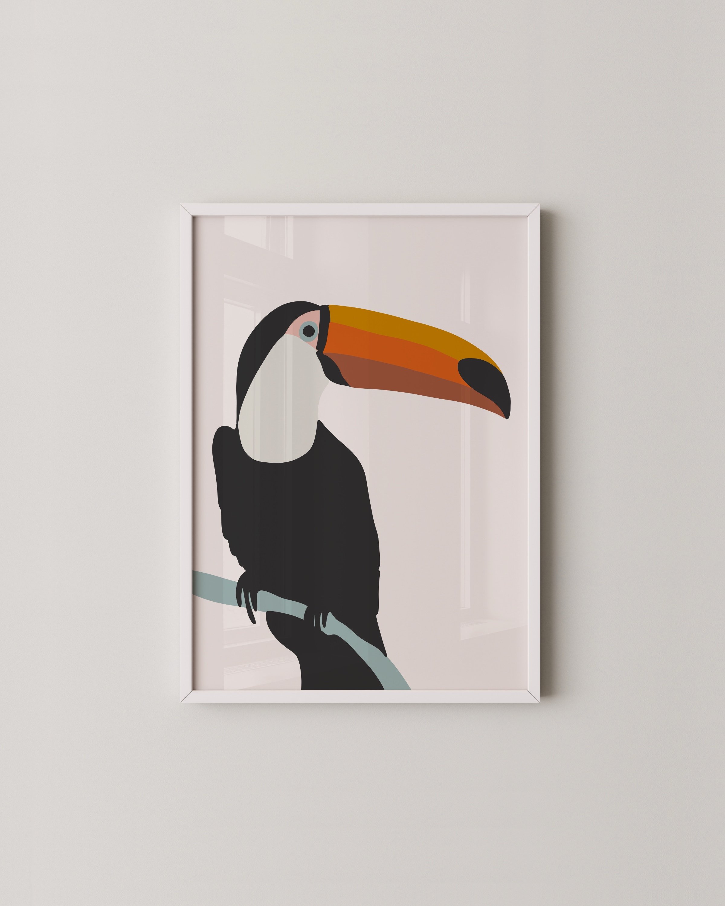 Playful illustration of a toucan with a bright orange and yellow beak, sitting on a branch against a soft background, perfect for kids’ decor.