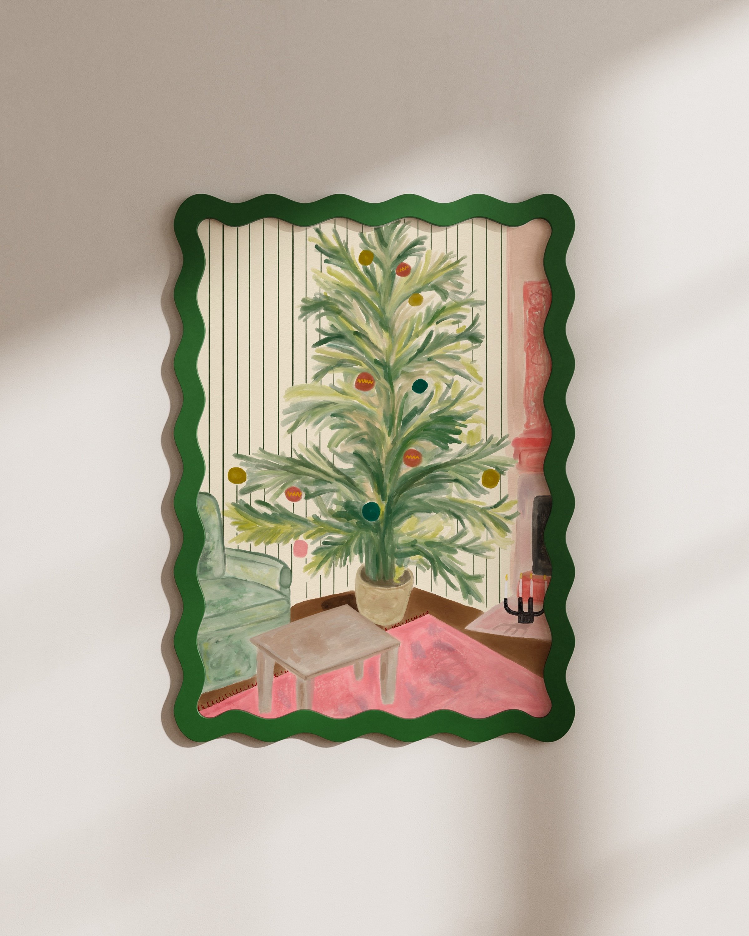 Retro-inspired Christmas tree illustration in a cozy living room setting with colorful ornaments and mid-century design elements.