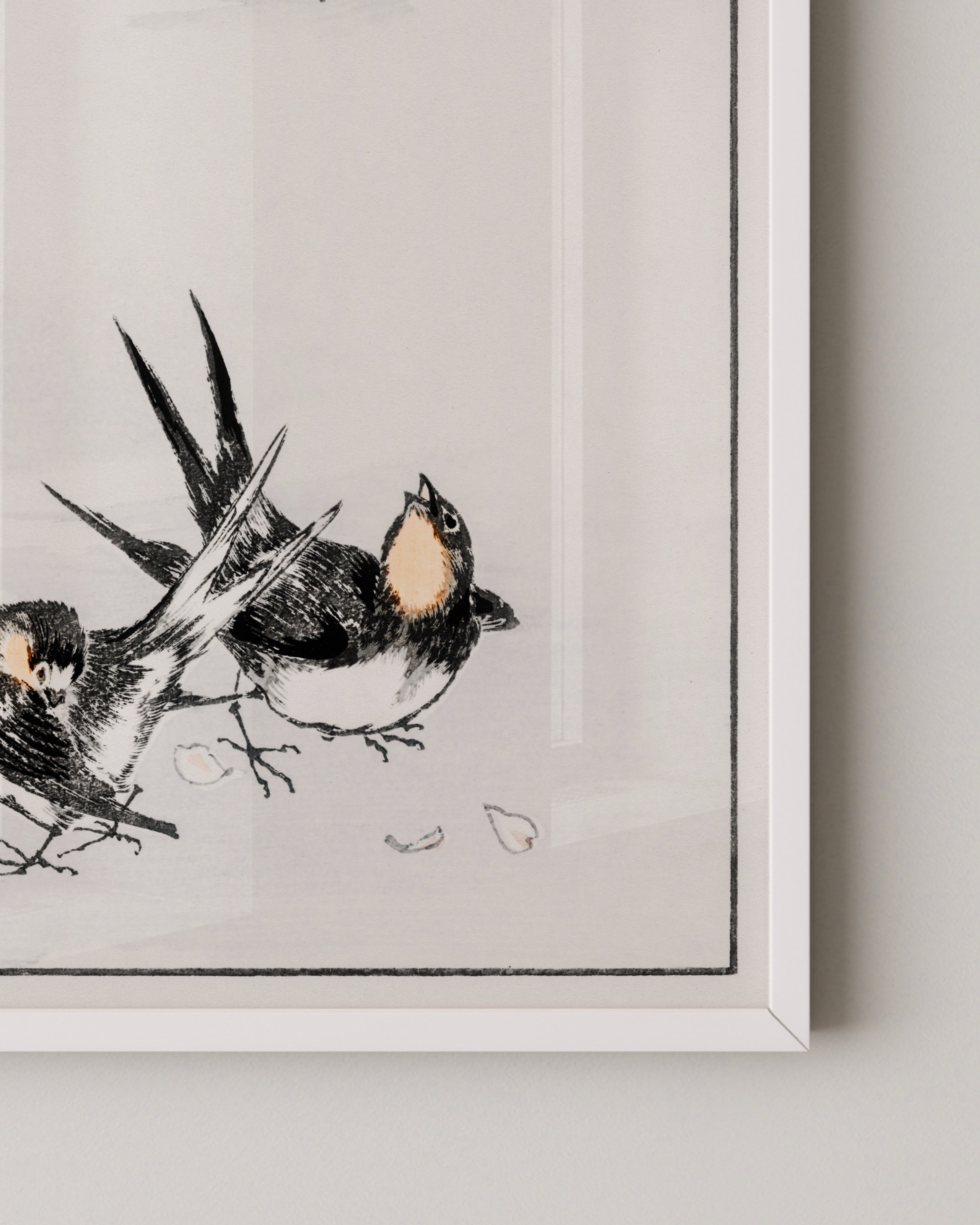 Set of two Japanese bird art prints featuring vintage-style illustrations of birds perched on branches, perfect for minimalist and nature-inspired home decor.