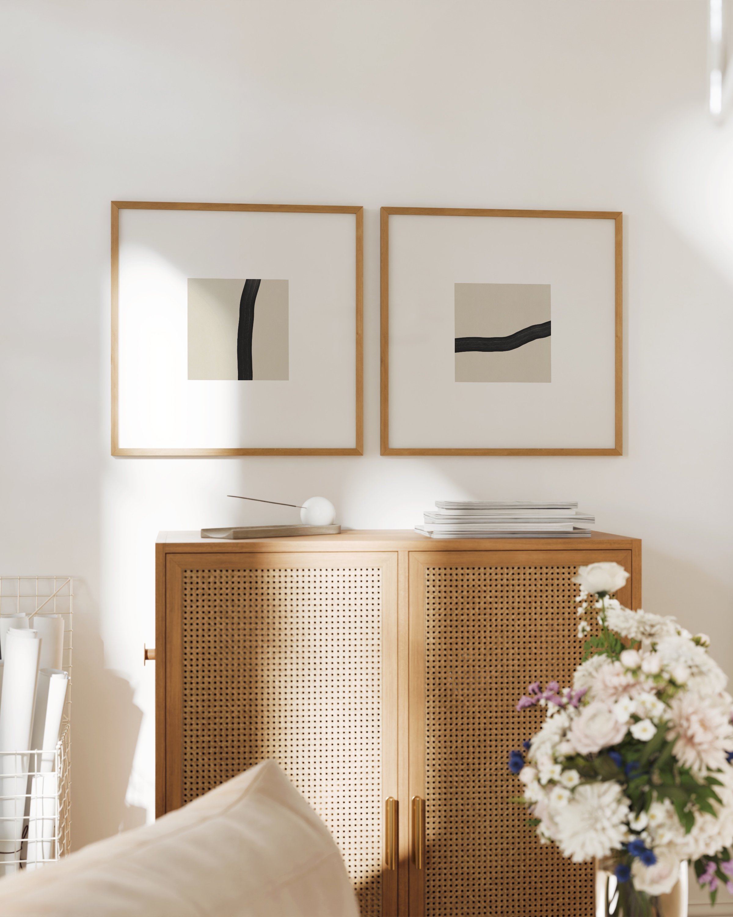Set of two minimalist abstract line art prints featuring black lines on a beige background, perfect for modern and contemporary home decor.