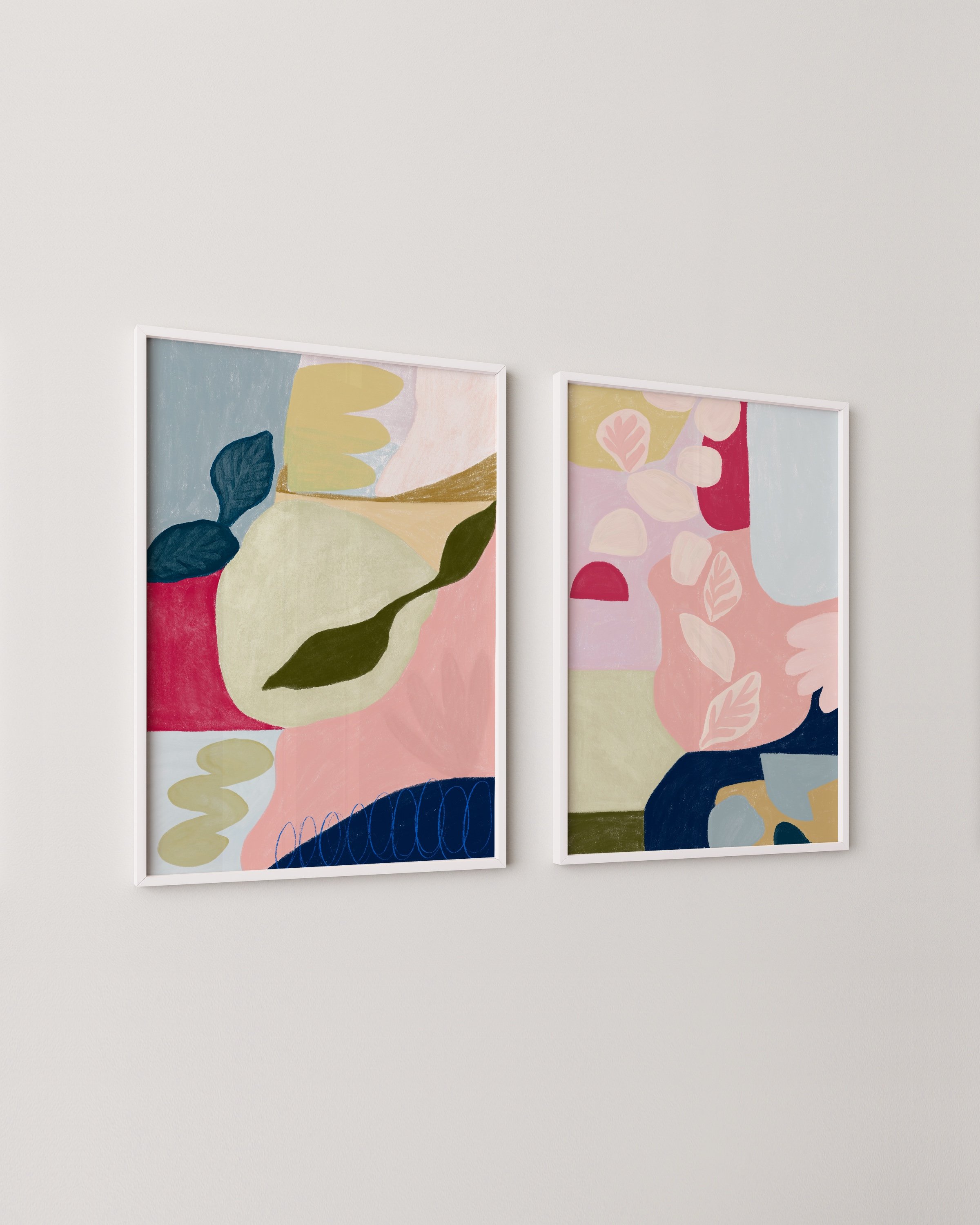 Set of two colorful abstract art prints featuring modern botanical designs, perfect for adding a vibrant touch to contemporary home decor.