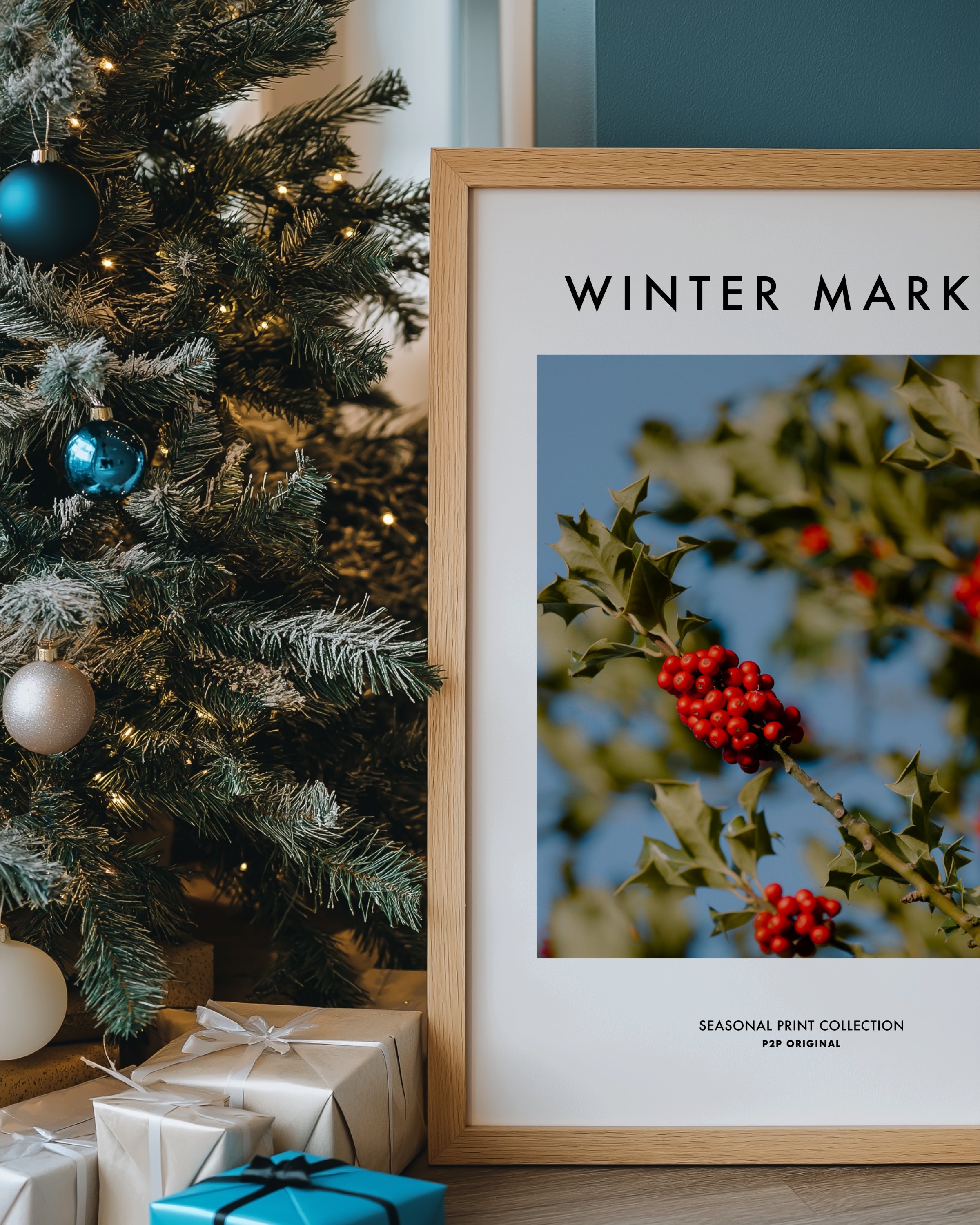 Vibrant photograph of red holly berries with green leaves set against a bright blue sky, perfect for festive holiday decor.