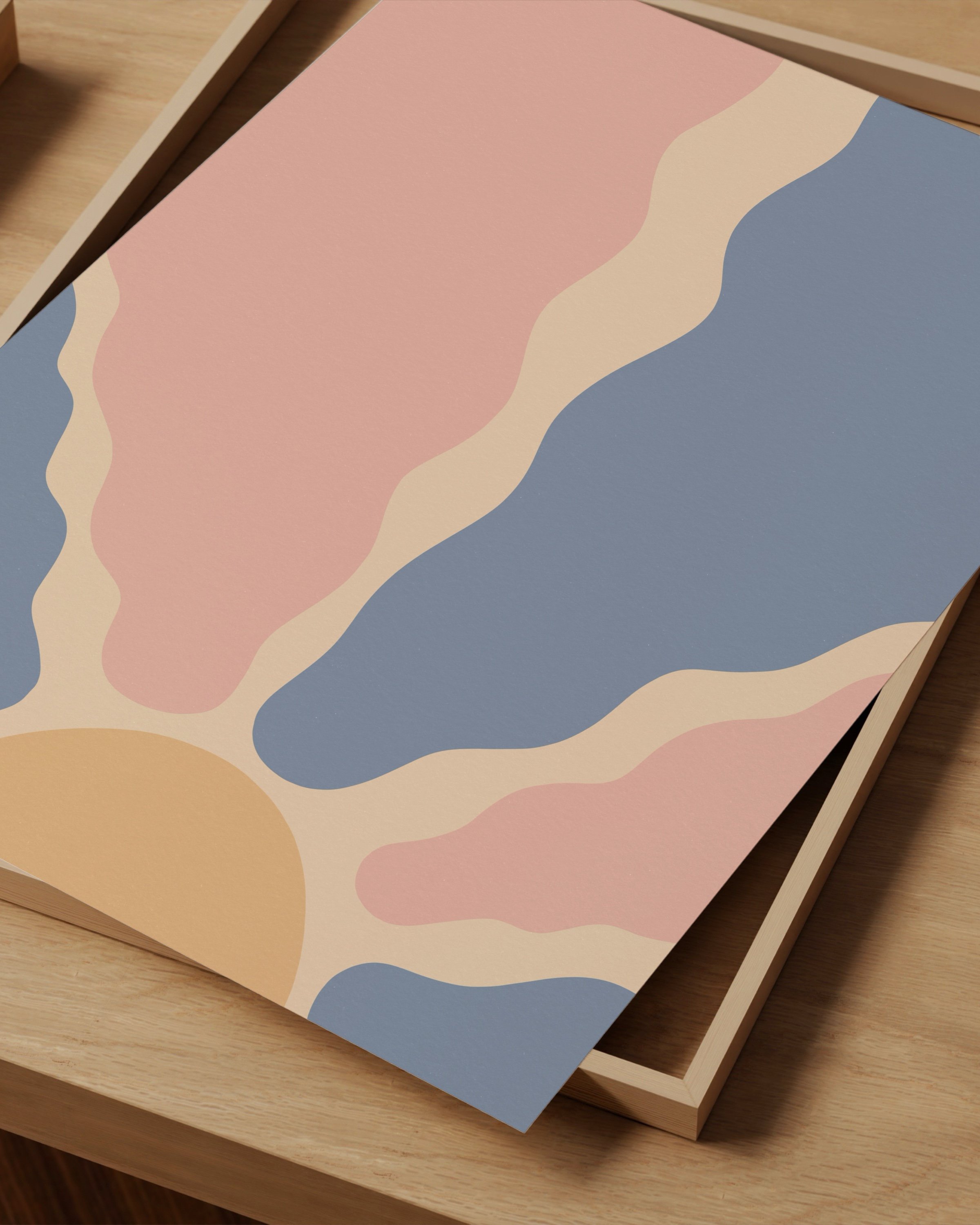 Abstract printable wall art featuring a pastel sunburst design with wavy rays in pink, blue, beige, and yellow.