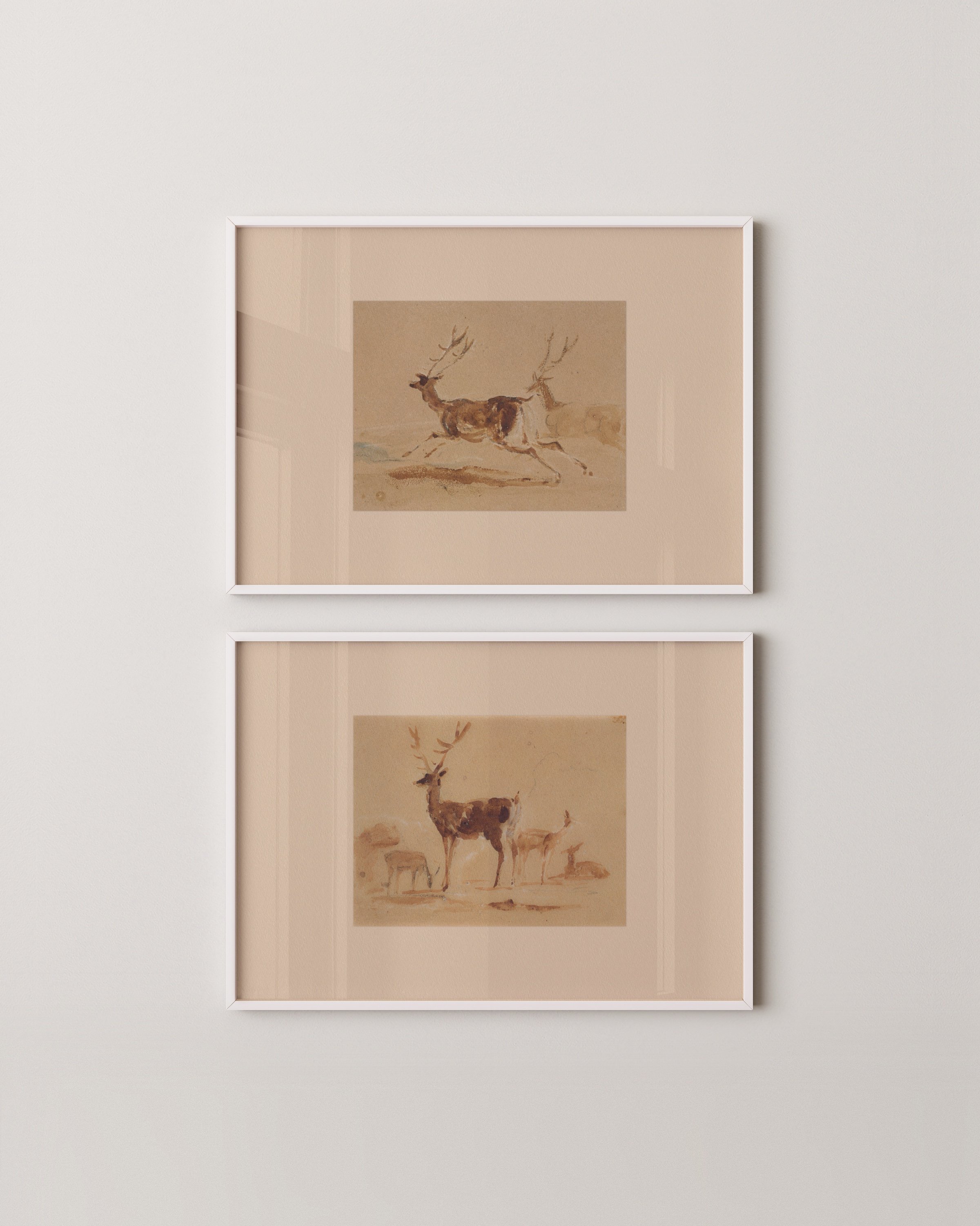 Vintage deer illustration art print featuring a group of deer in warm earthy tones, perfect for rustic decor.