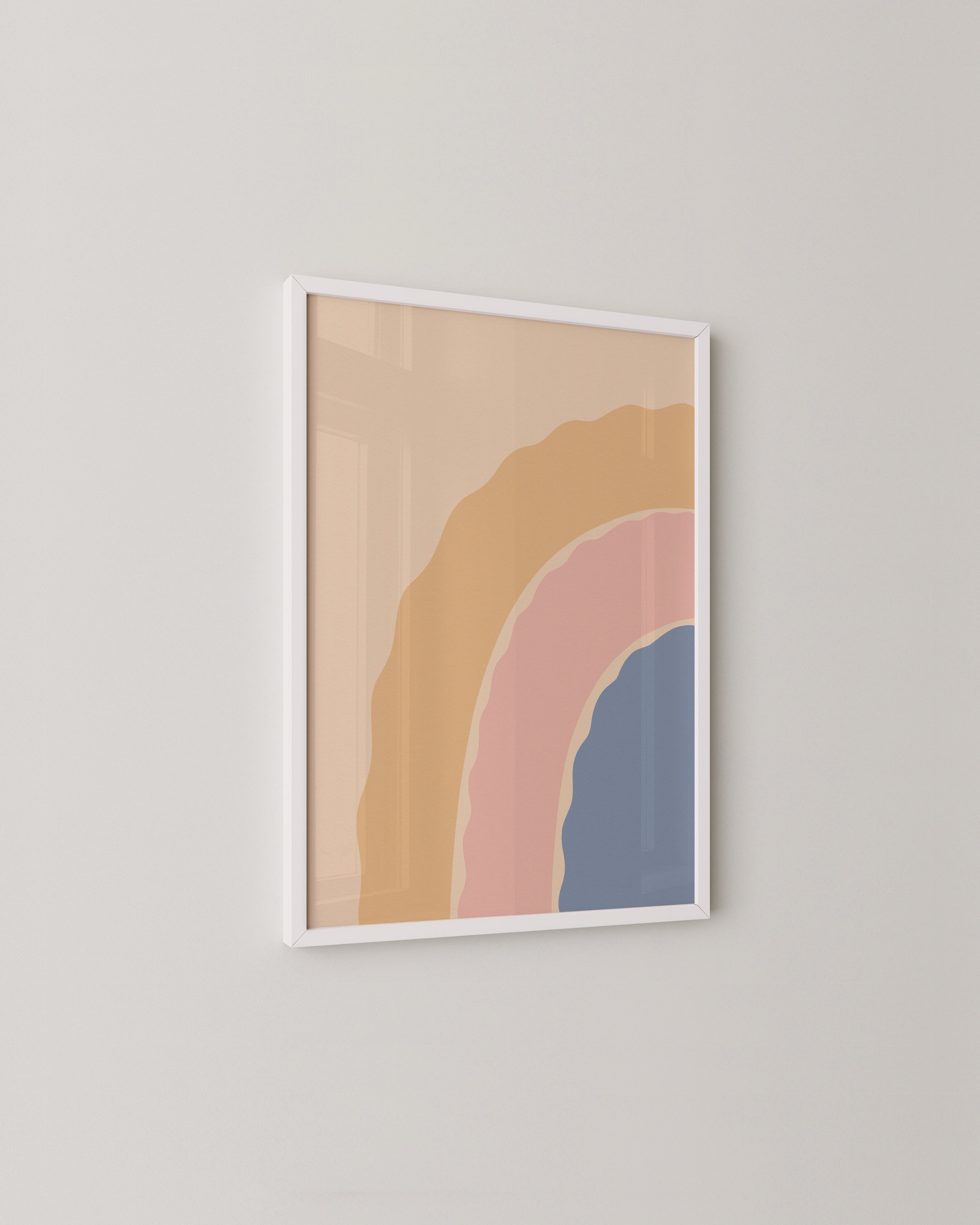 Abstract printable wall art featuring a wavy pastel rainbow in shades of peach, pink, and blue on a beige background.
