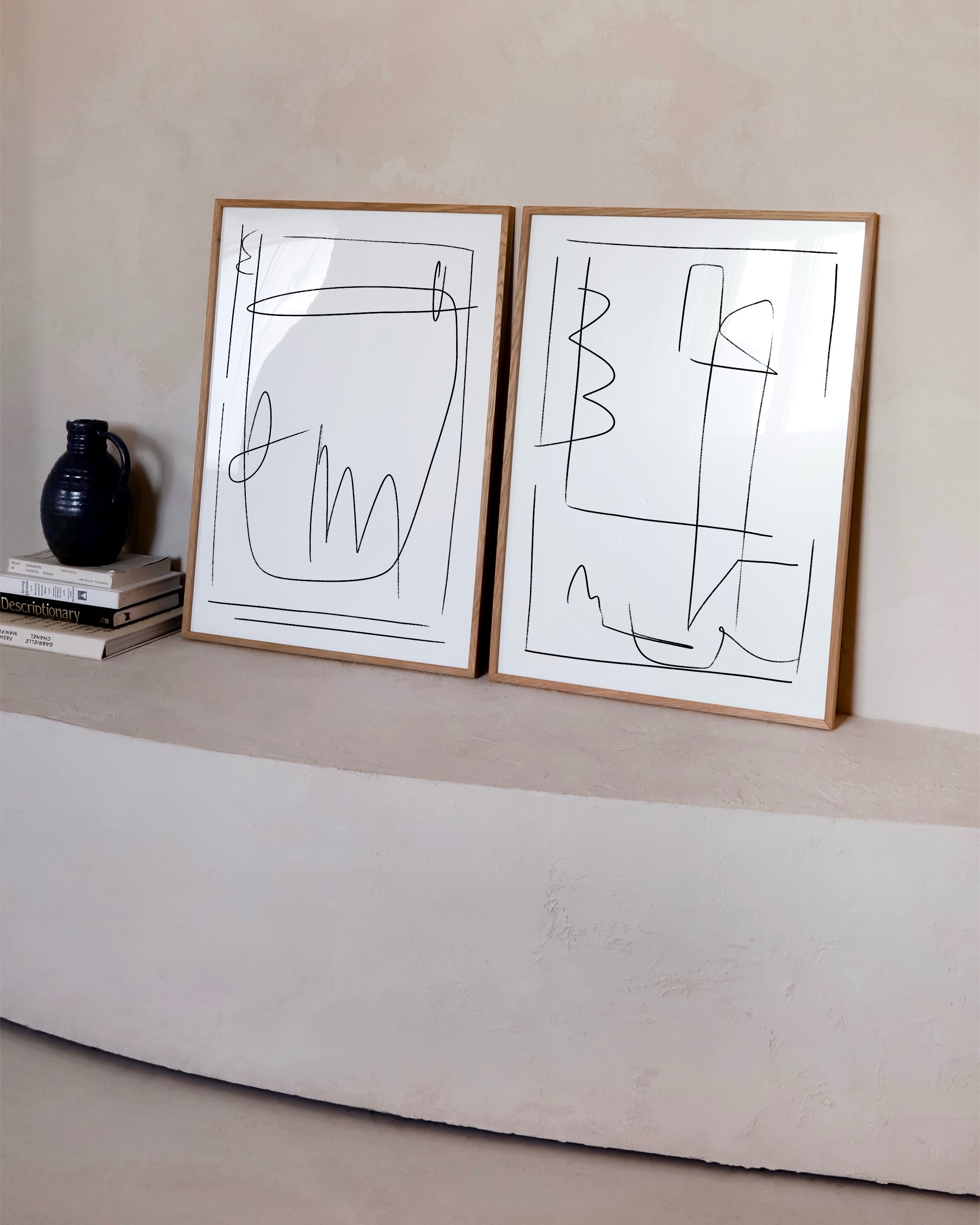 Set of two minimalist line drawing art prints featuring abstract black lines on a white background, perfect for modern and minimalist decor.