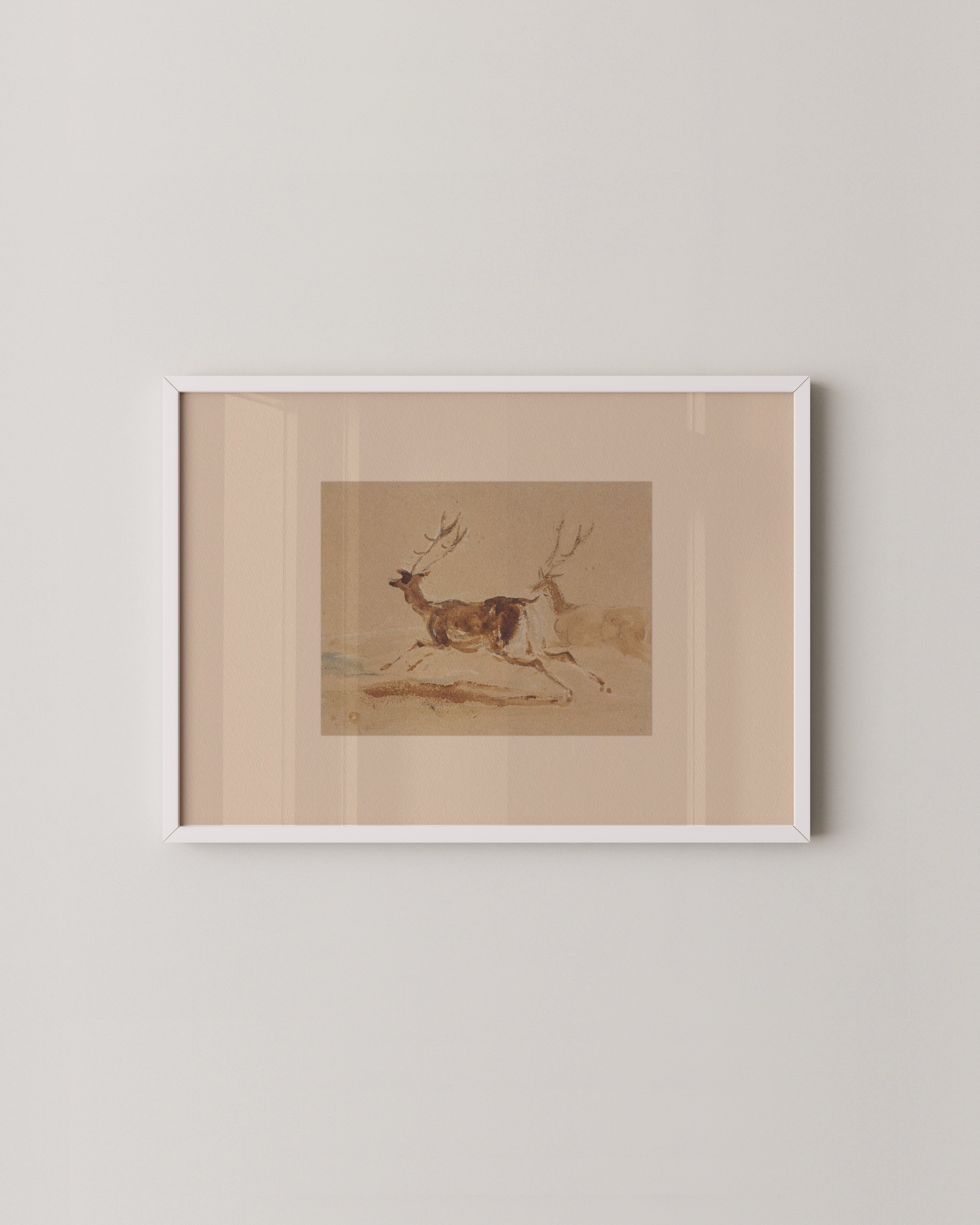 Vintage deer illustration art print featuring a group of deer in warm earthy tones, perfect for rustic decor.