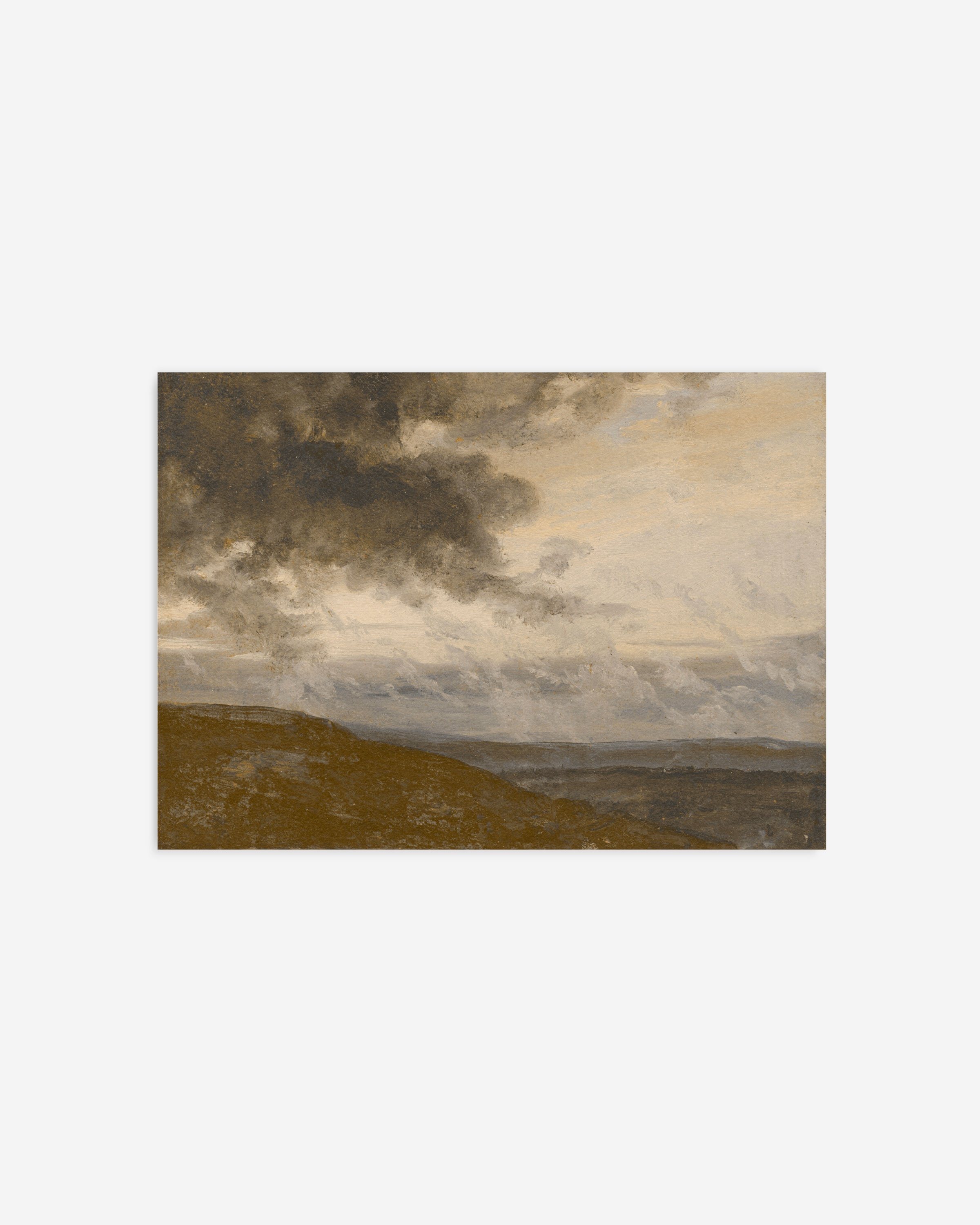 Moody landscape with dark clouds and earthy tones, showcasing a dramatic cloudscape and serene horizon, perfect for atmospheric home decor.