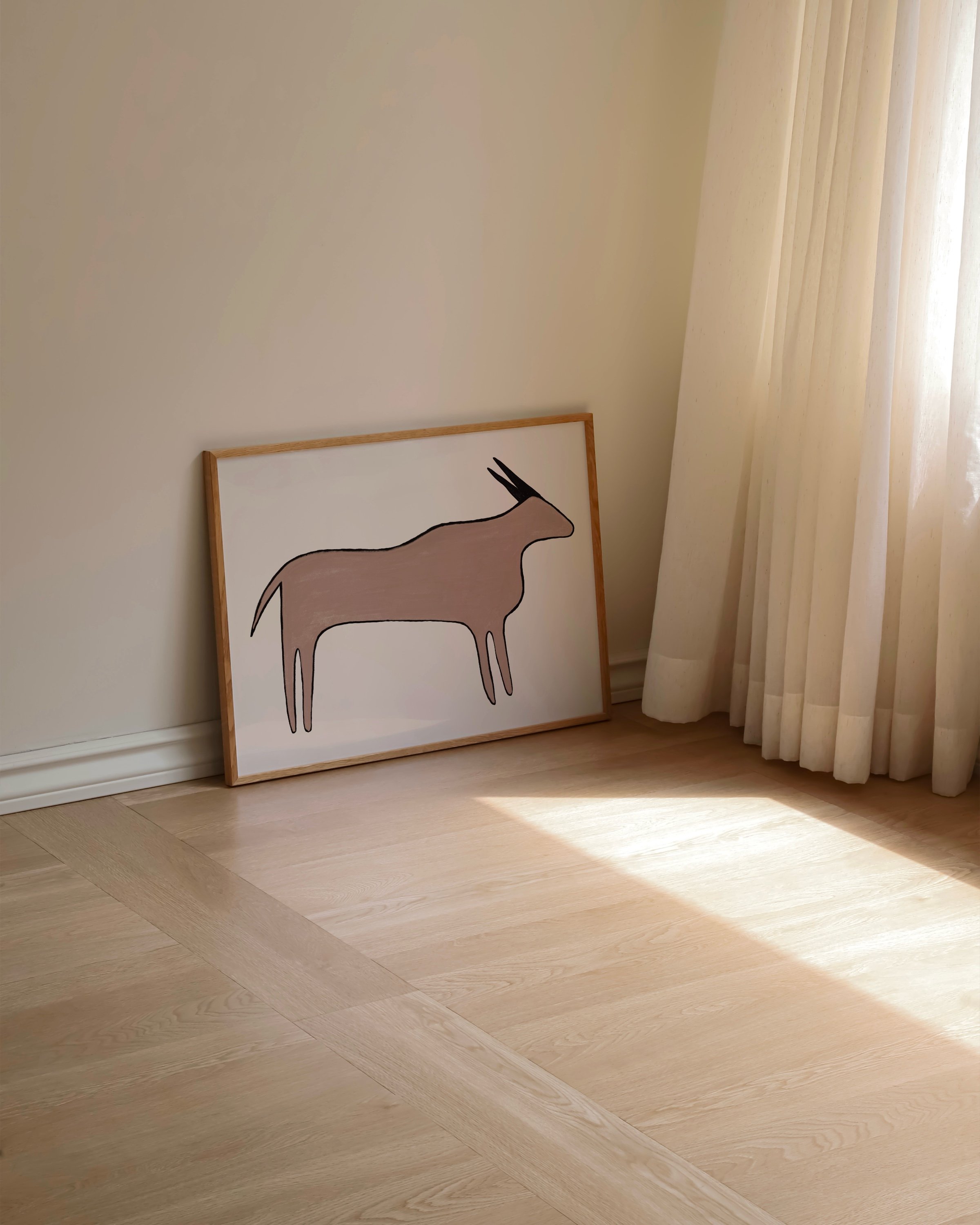 Abstract illustration of an antelope with minimalist lines and earthy tones on a light background.