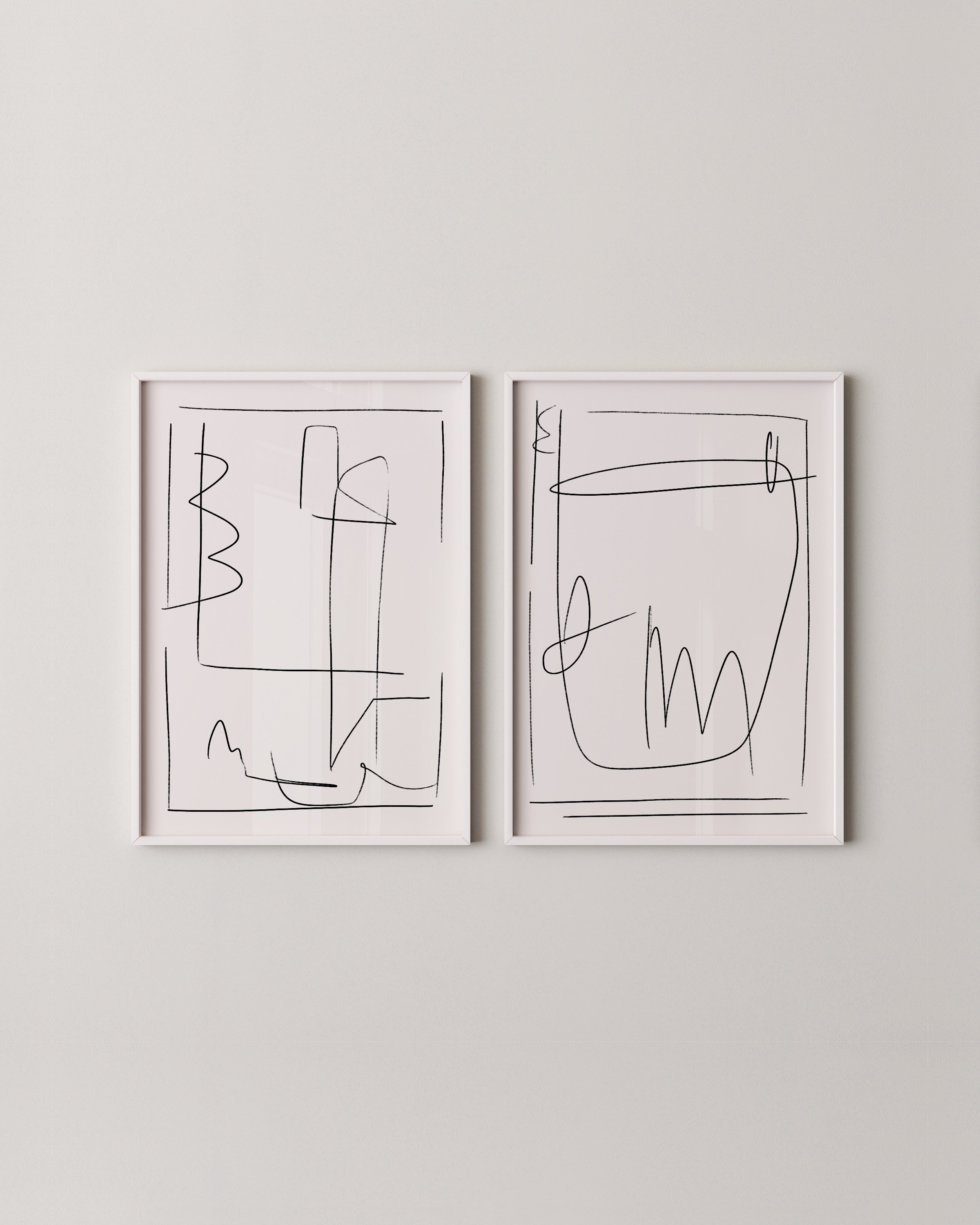 Set of two minimalist line drawing art prints featuring abstract black lines on a white background, perfect for modern and minimalist decor.