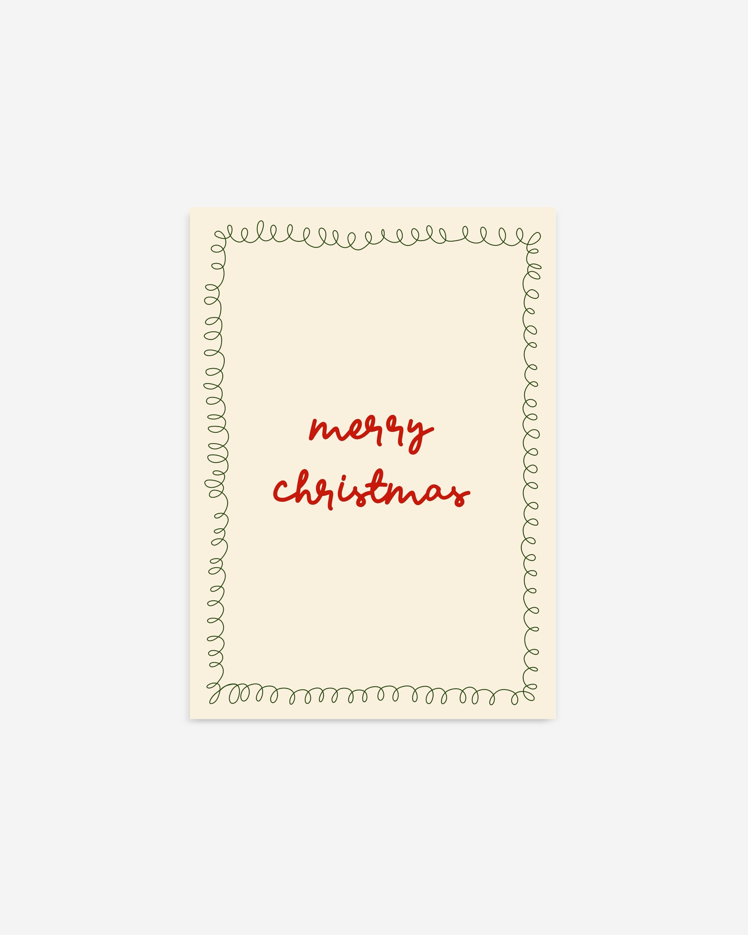 Minimalist Christmas printable art with red ‘Merry Christmas’ text in a handwritten style, framed by a green squiggle border on a beige background.