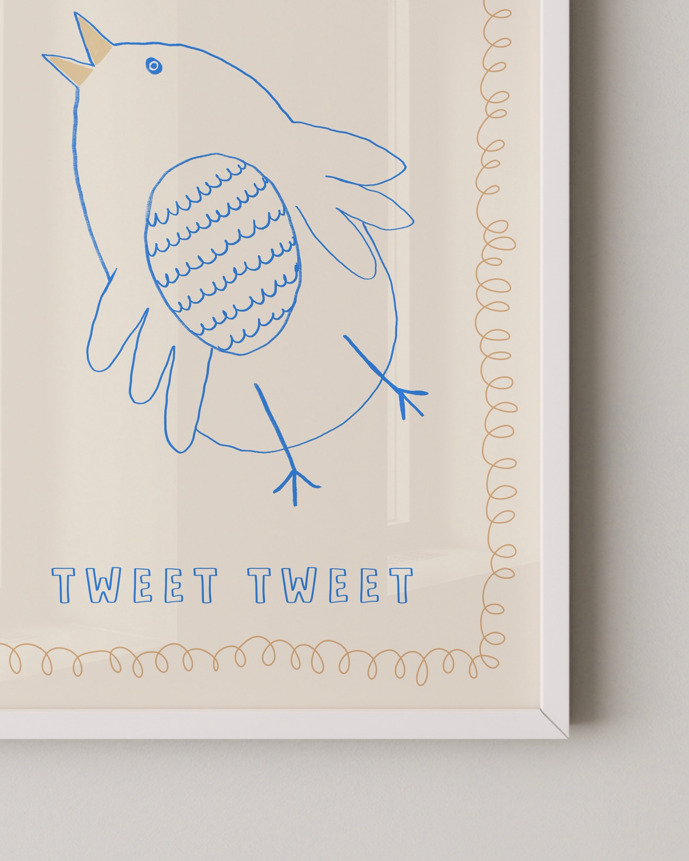 whimsical blue bird with a playful squiggly border, featuring the text ‘Tweet Tweet’ on a neutral background.