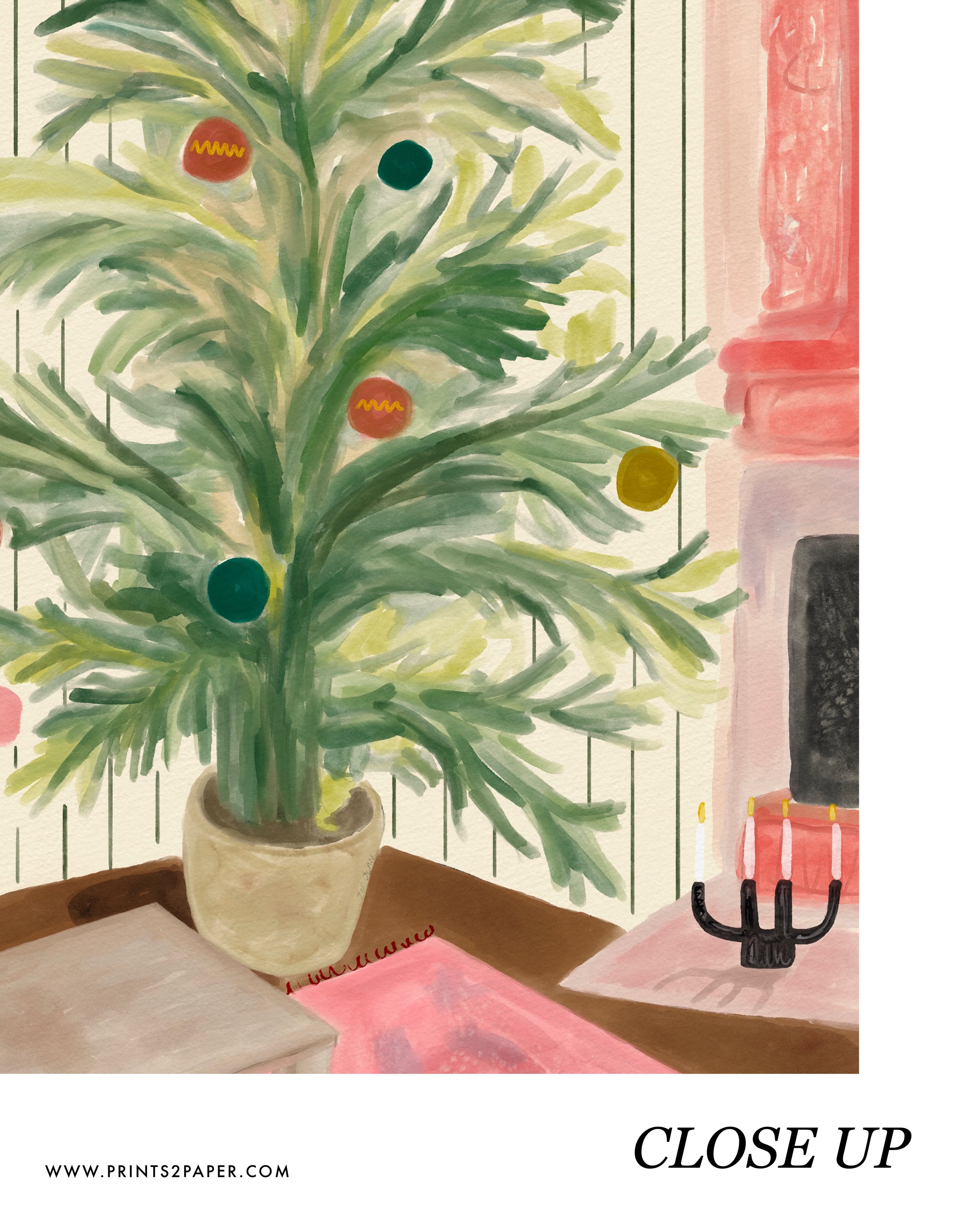 Retro-inspired Christmas tree illustration in a cozy living room setting with colorful ornaments and mid-century design elements.