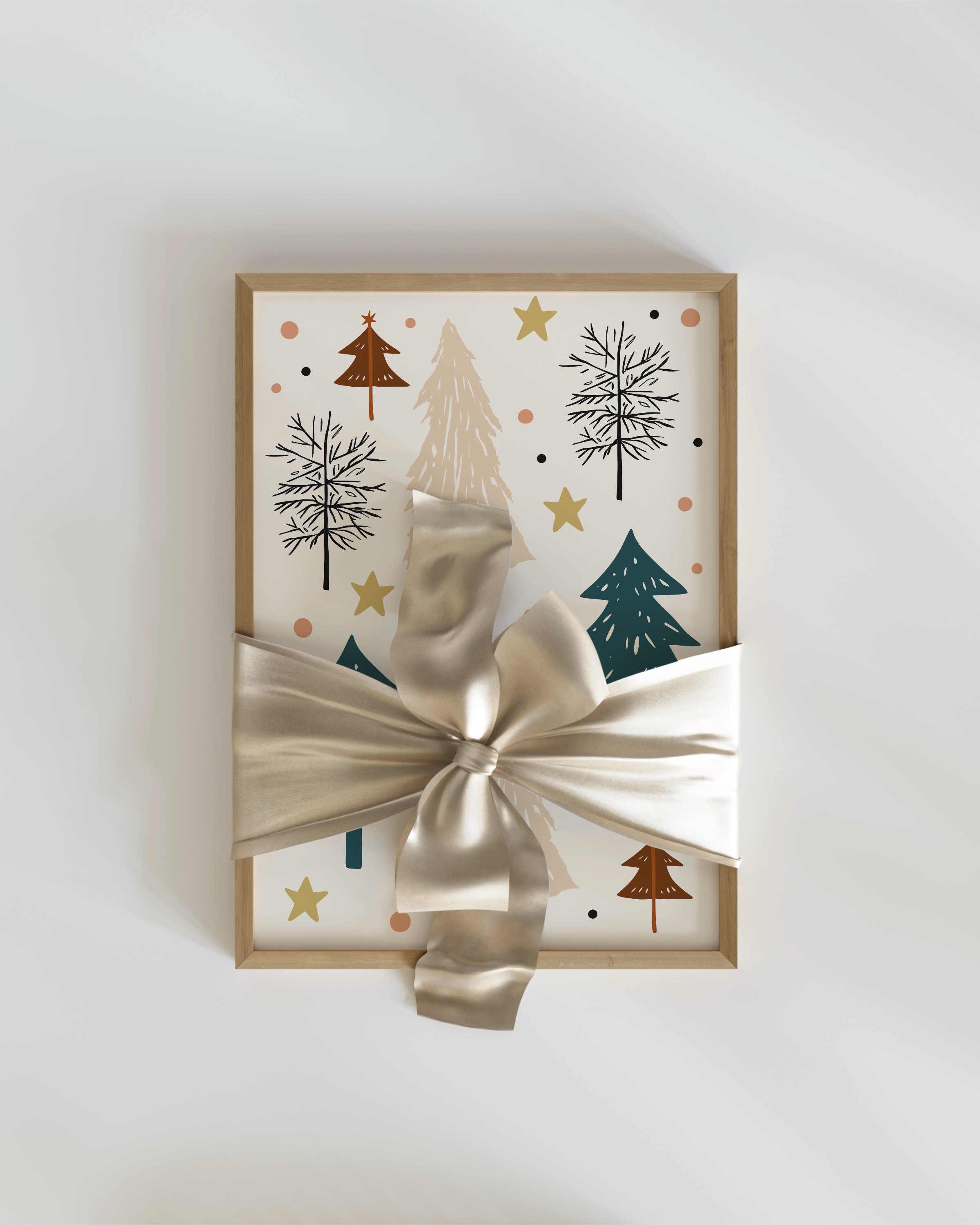 Minimalist Christmas tree printable wall art with festive tree patterns in earthy tones, stars, and decorative details on a light background.