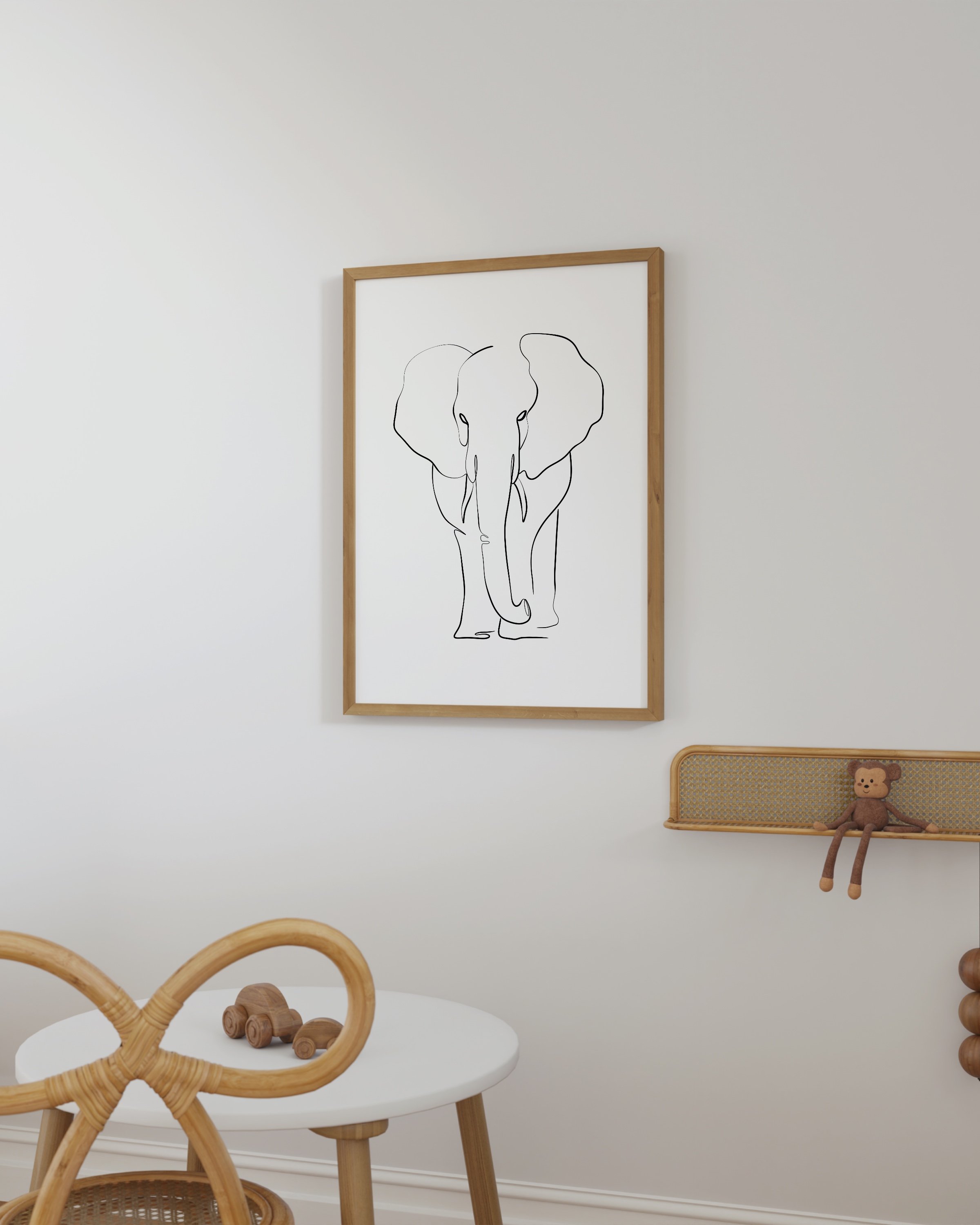 Minimalist line art drawing of an elephant, designed for children’s rooms or nurseries, on a clean white background.