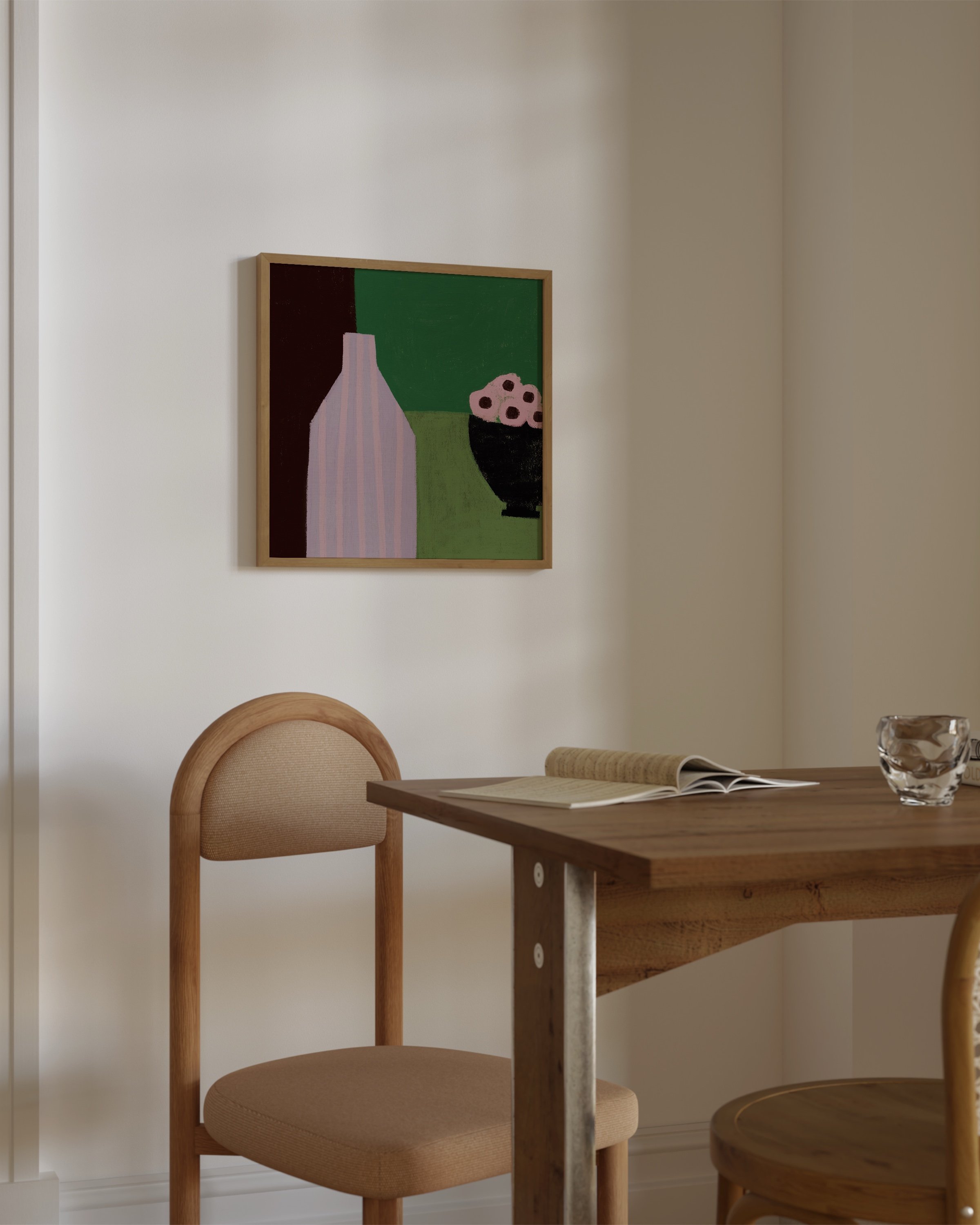 Print of a stylized still life featuring a pink-striped bottle and black bowl with pink flowers on a green and burgundy background.