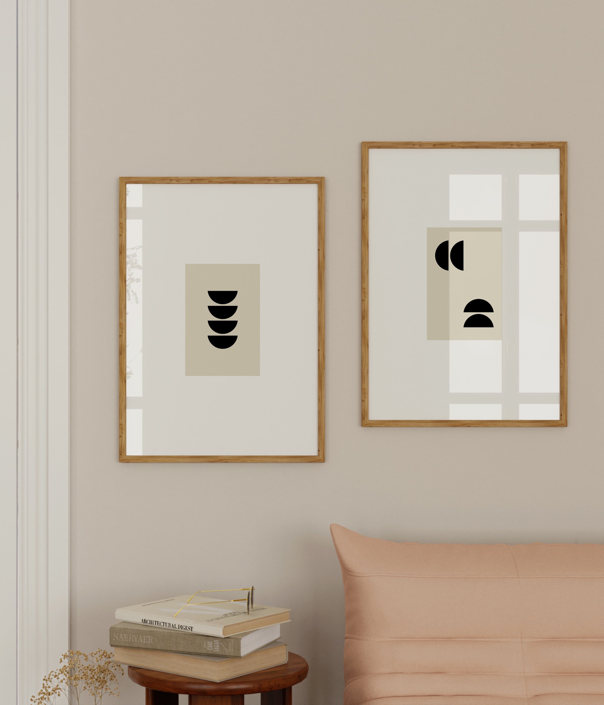 Pair of minimalist geometric prints, left print features a vertical stack of black half circles, right print shows scattered abstract shapes on beige backgrounds.