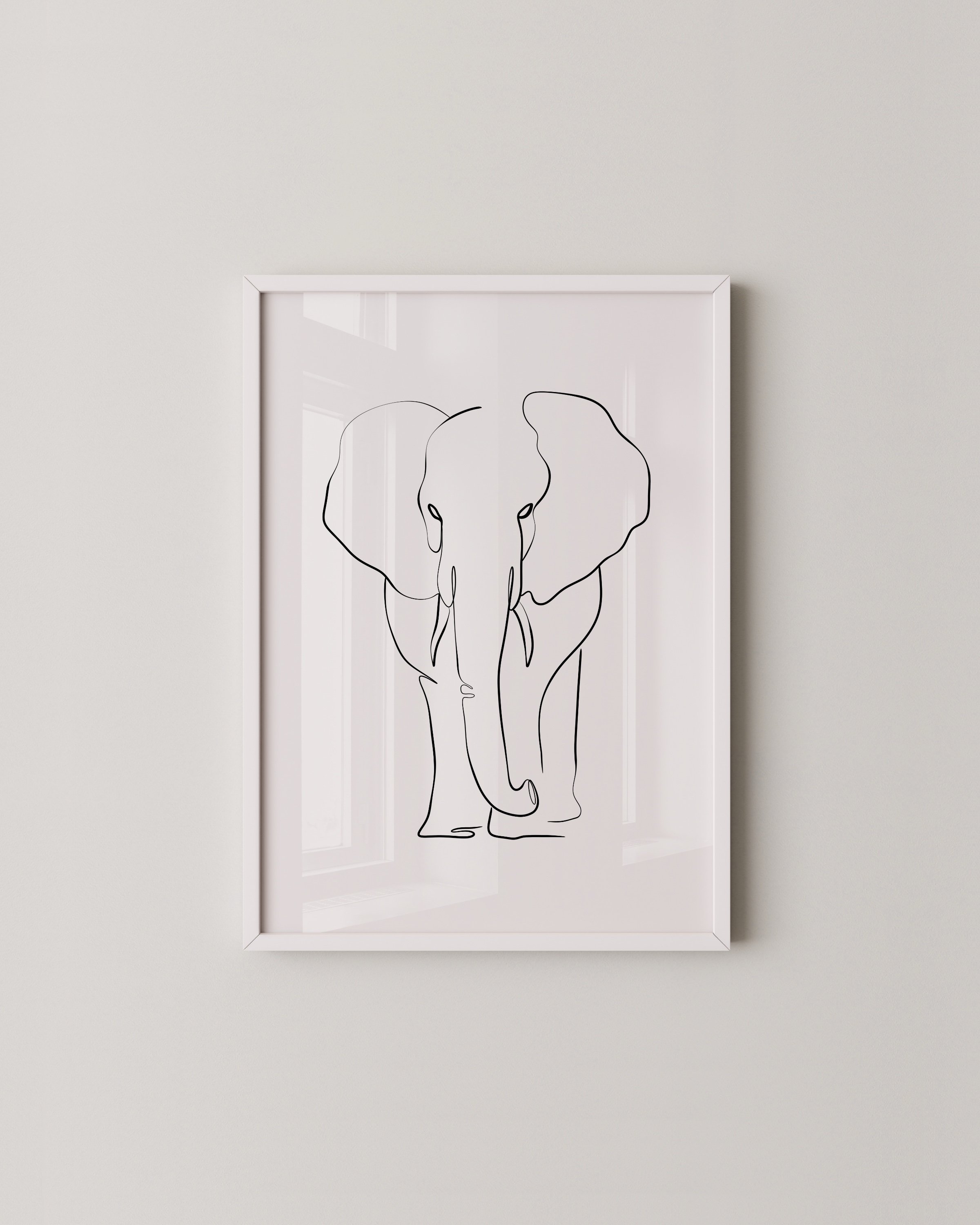Minimalist line art drawing of an elephant, designed for children’s rooms or nurseries, on a clean white background.